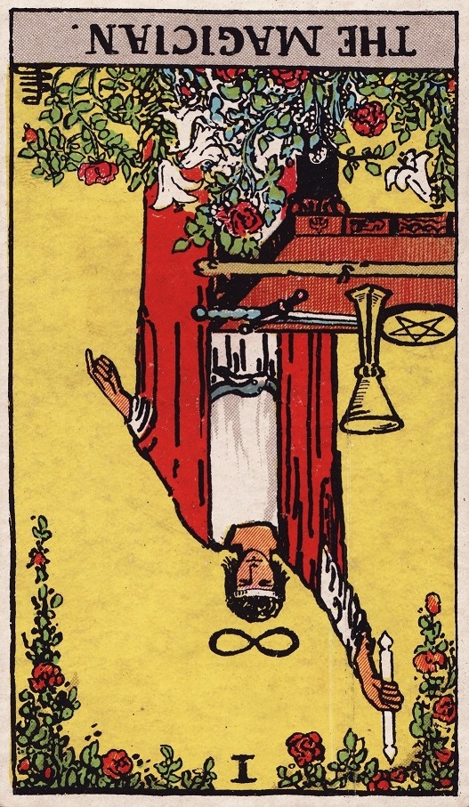 The Magician Reversed and Eight of Pentacles Tarot Card