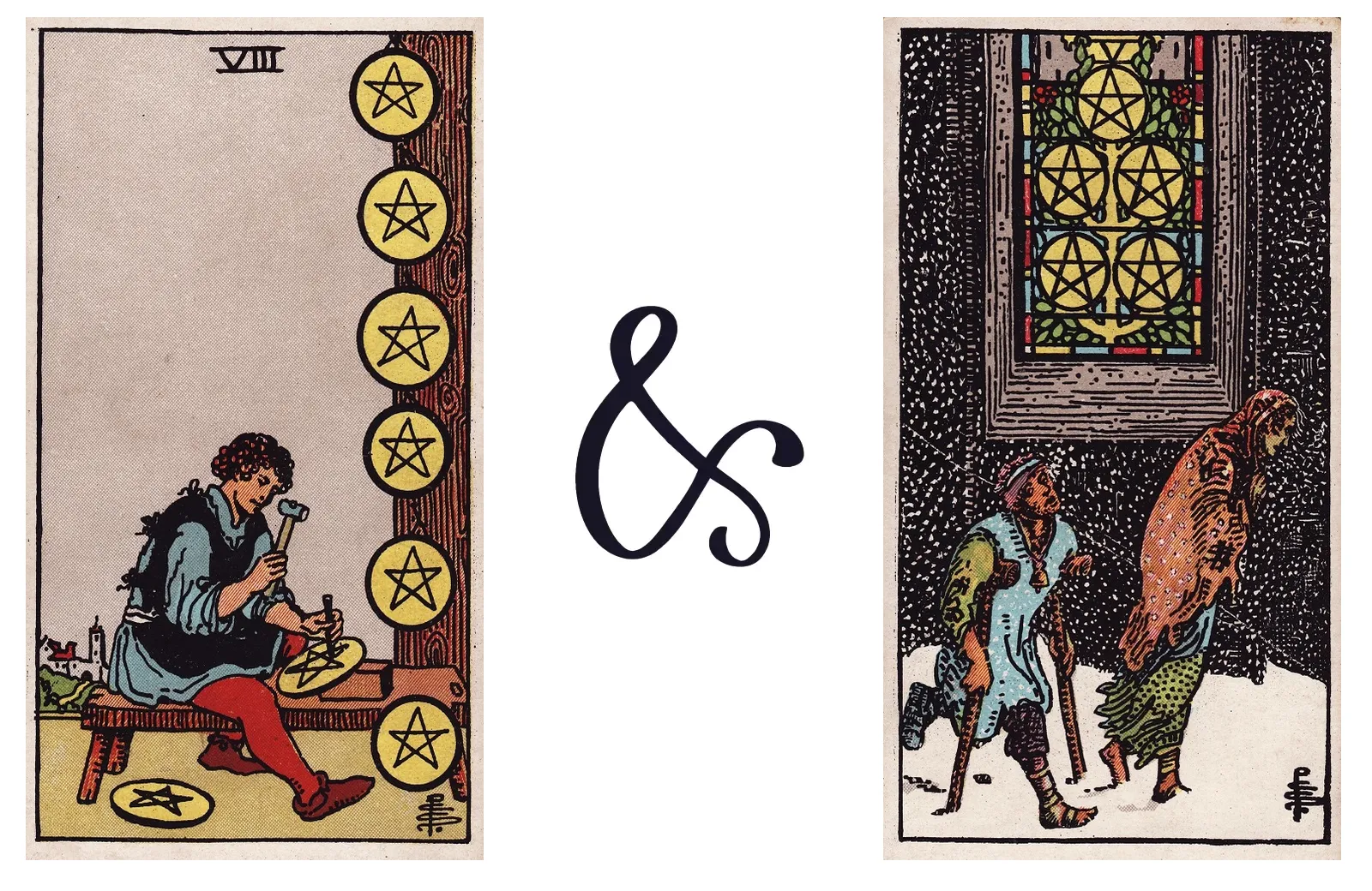 Eight of Pentacles and Five of Pentacles