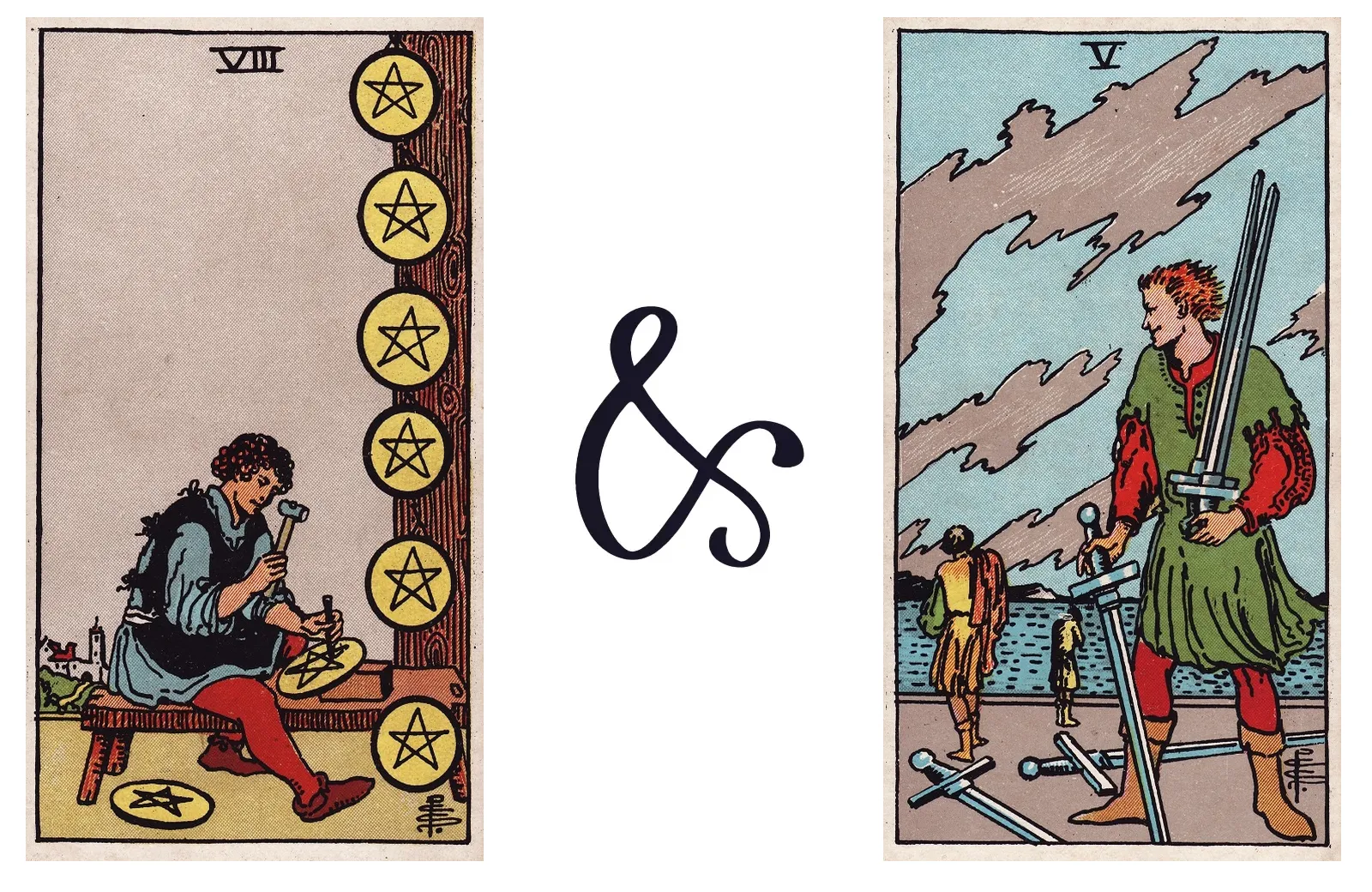 Eight of Pentacles and Five of Swords