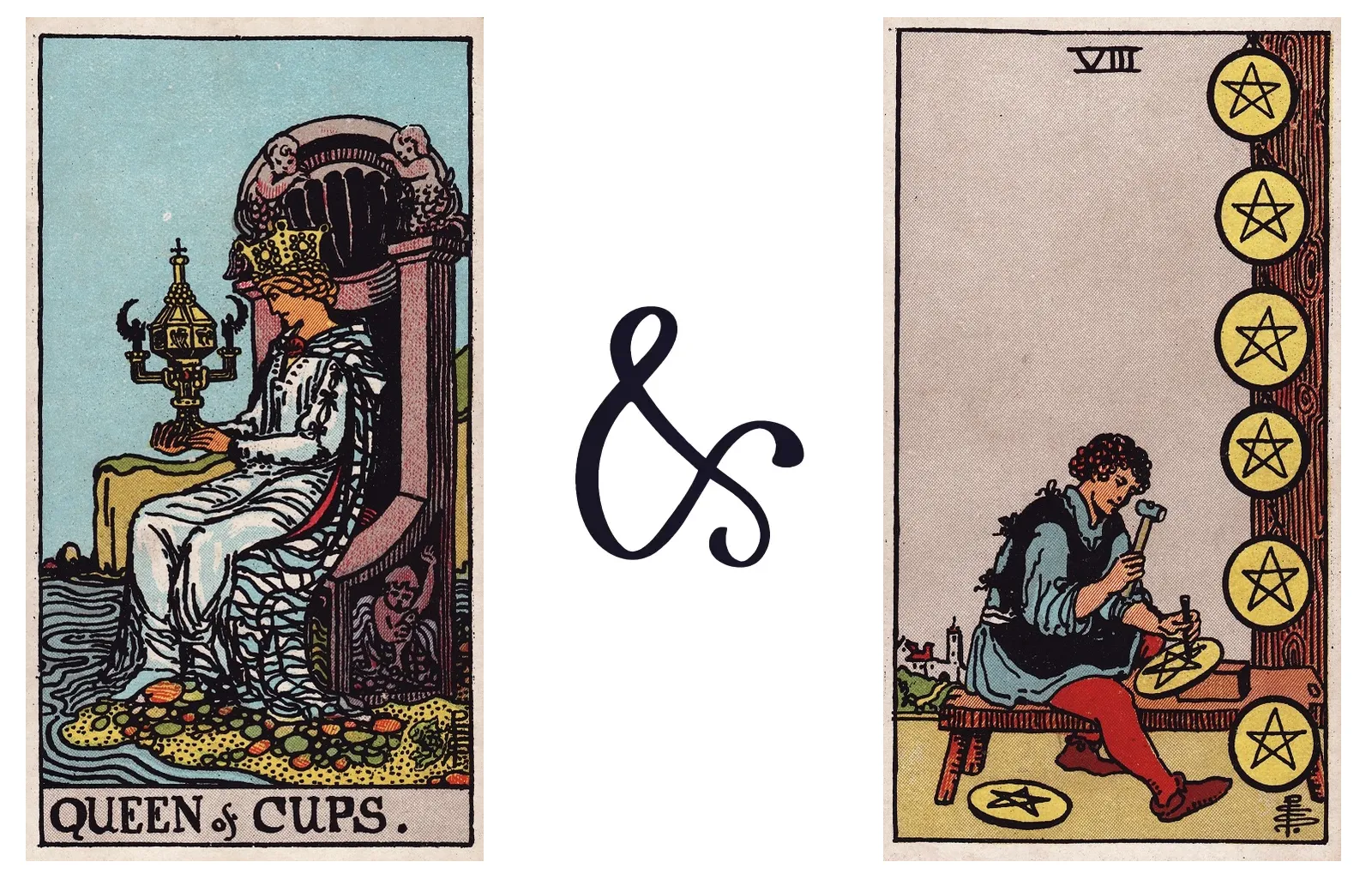 Queen of Cups and Eight of Pentacles