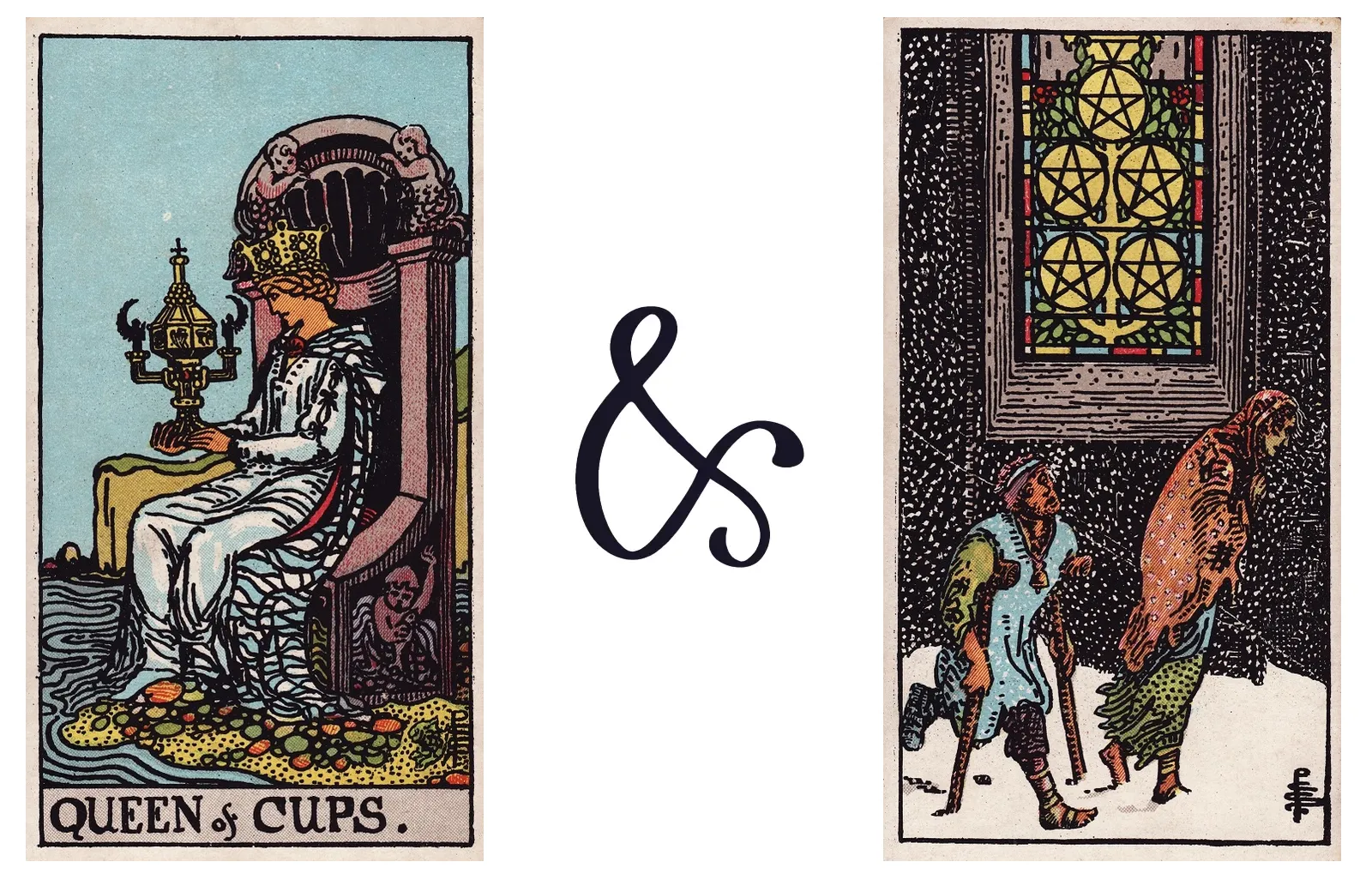 Queen of Cups and Five of Pentacles
