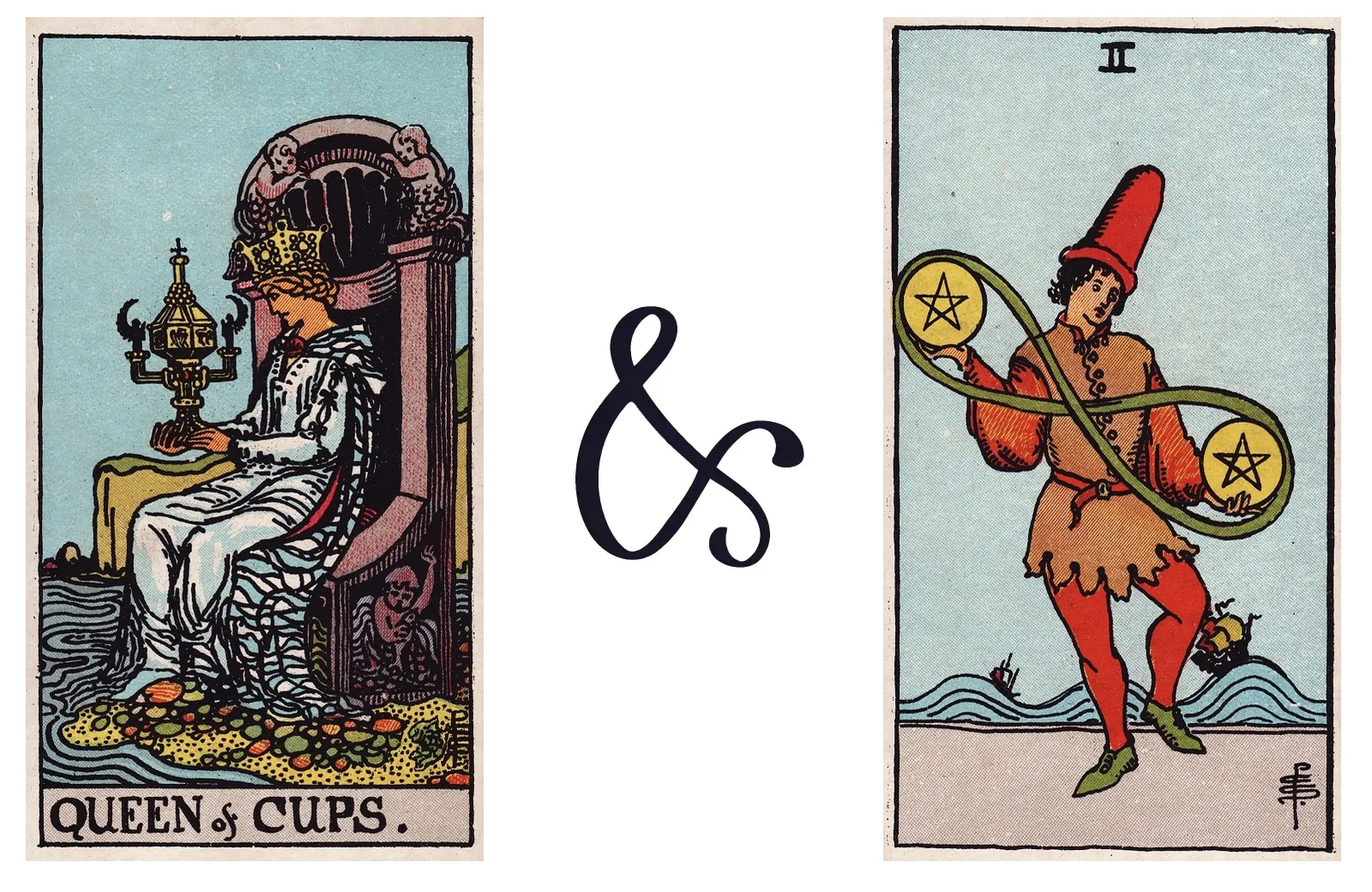 Queen of Cups and Two of Pentacles