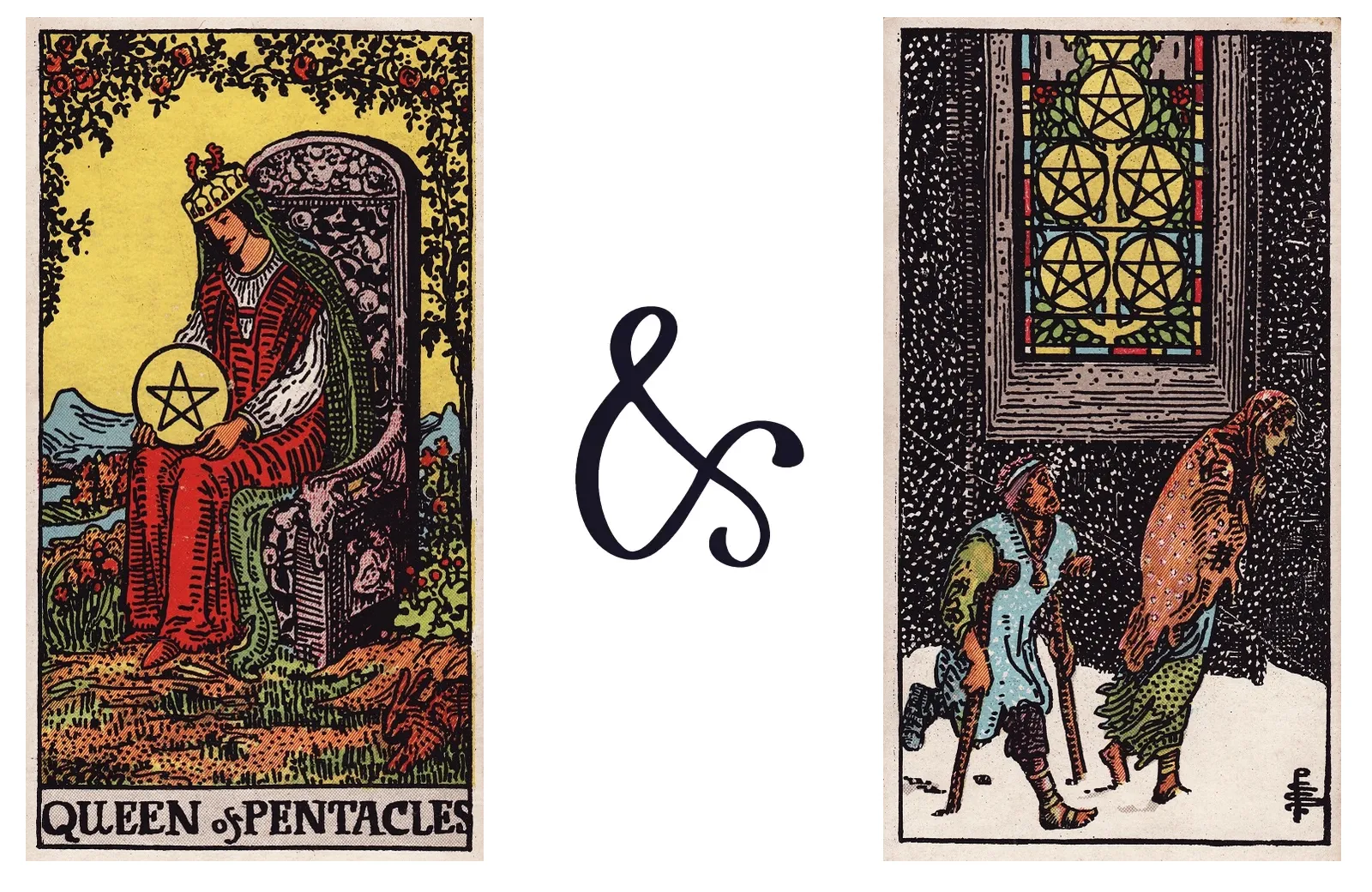 Queen of Pentacles and Five of Pentacles