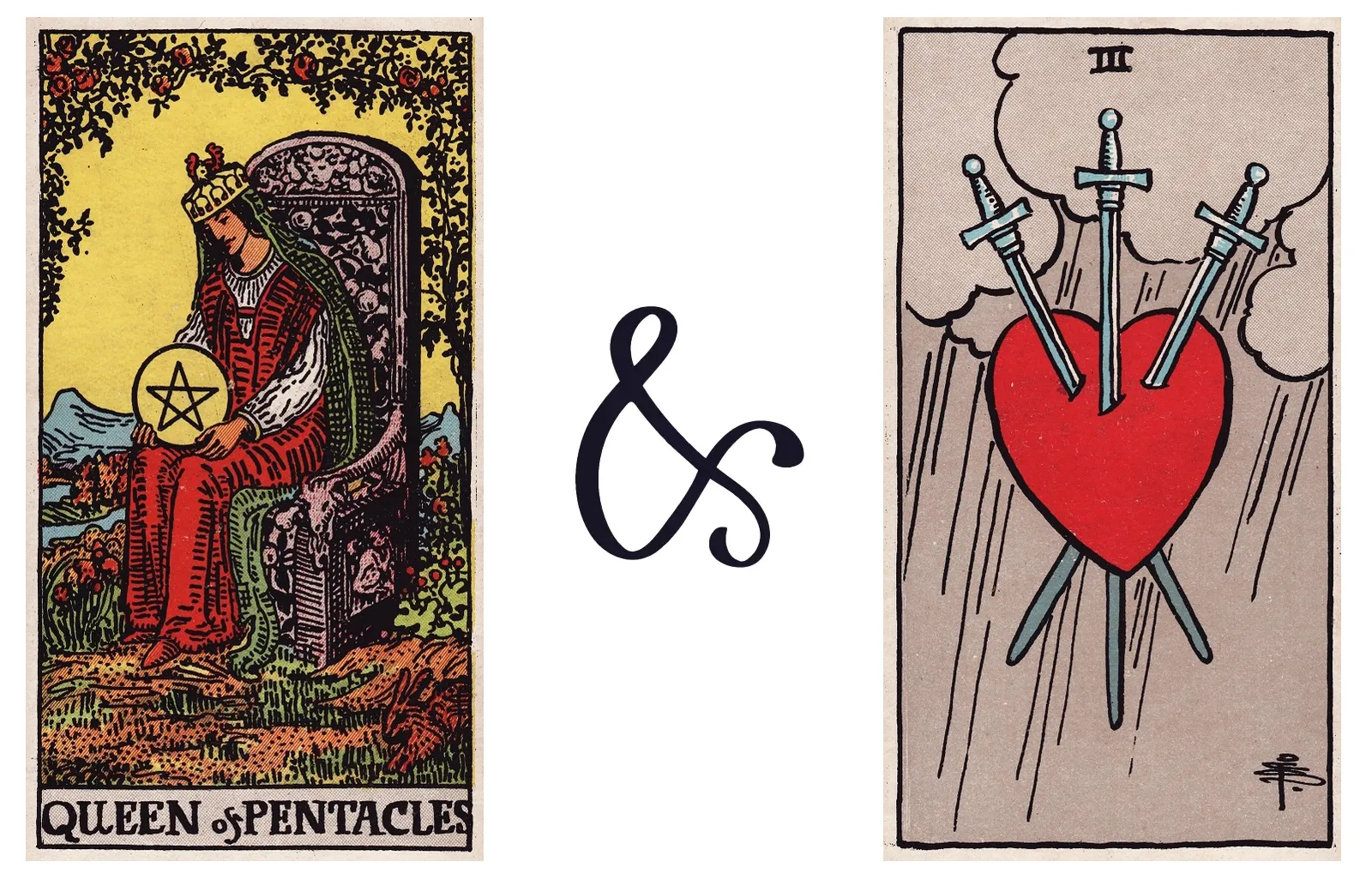 Queen of Pentacles and Three of Swords