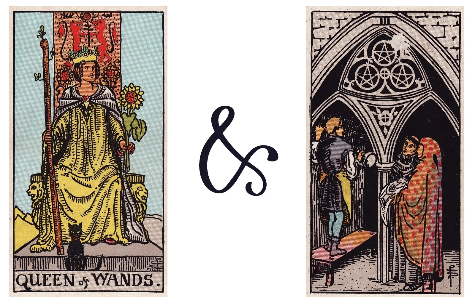 Queen of Wands and Three of Pentacles