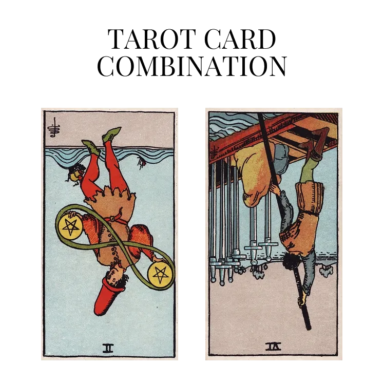 two of pentacles reversed and six of swords reversed tarot cards combination meaning