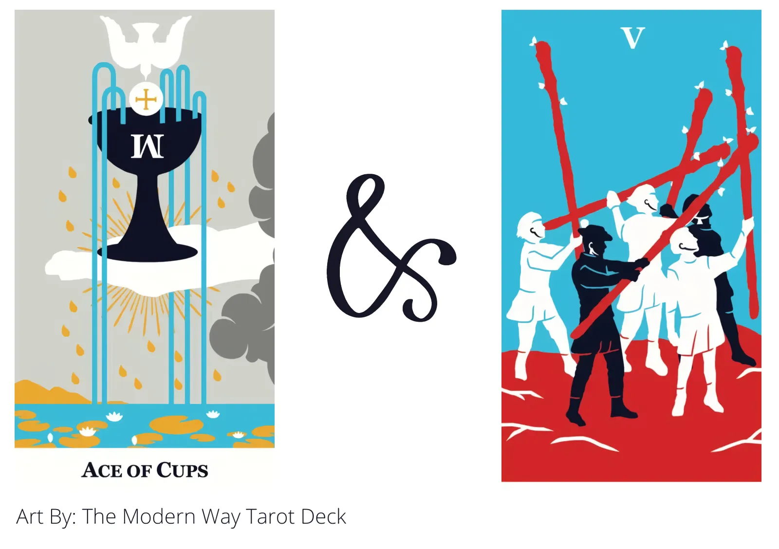 ace of cups and five of wands tarot cards together