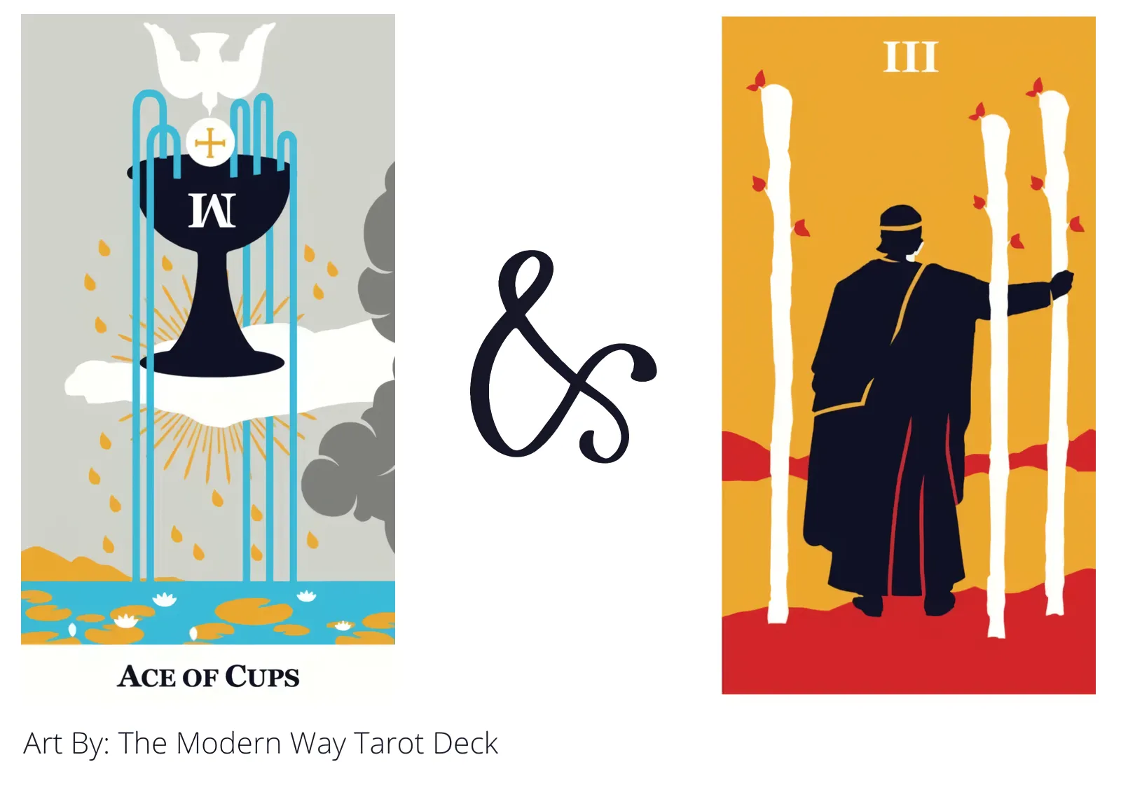 ace of cups and three of wands tarot cards together