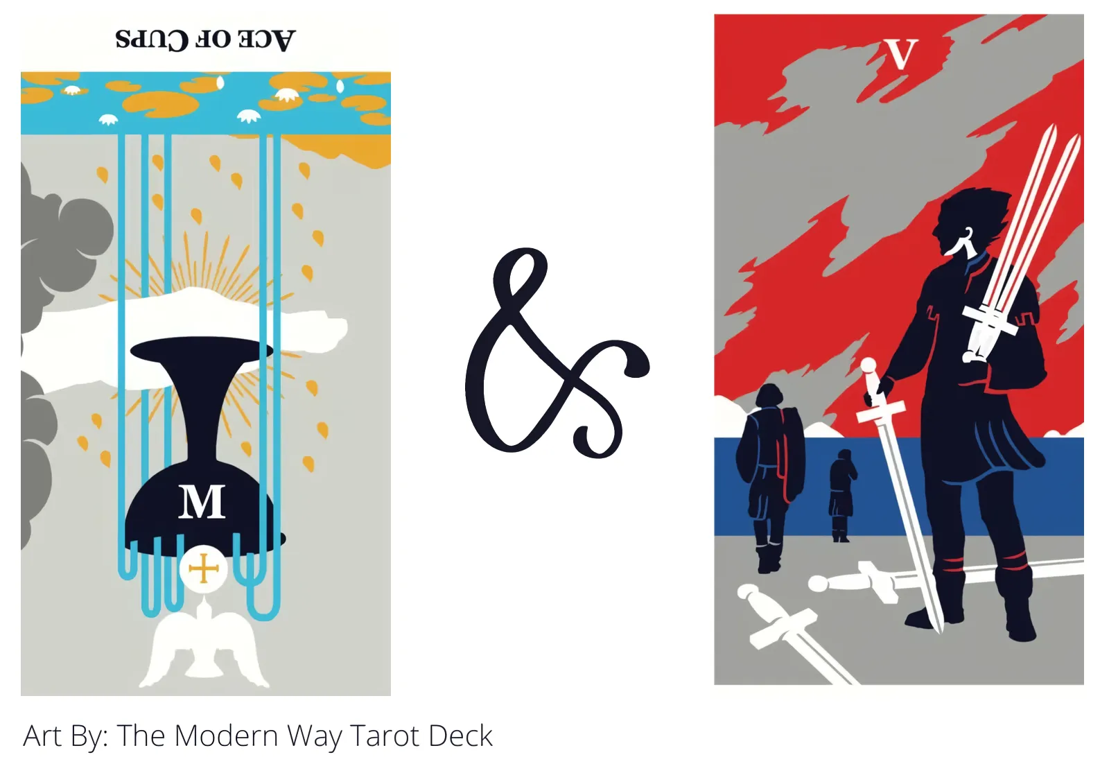 ace of cups reversed and five of swords tarot cards together