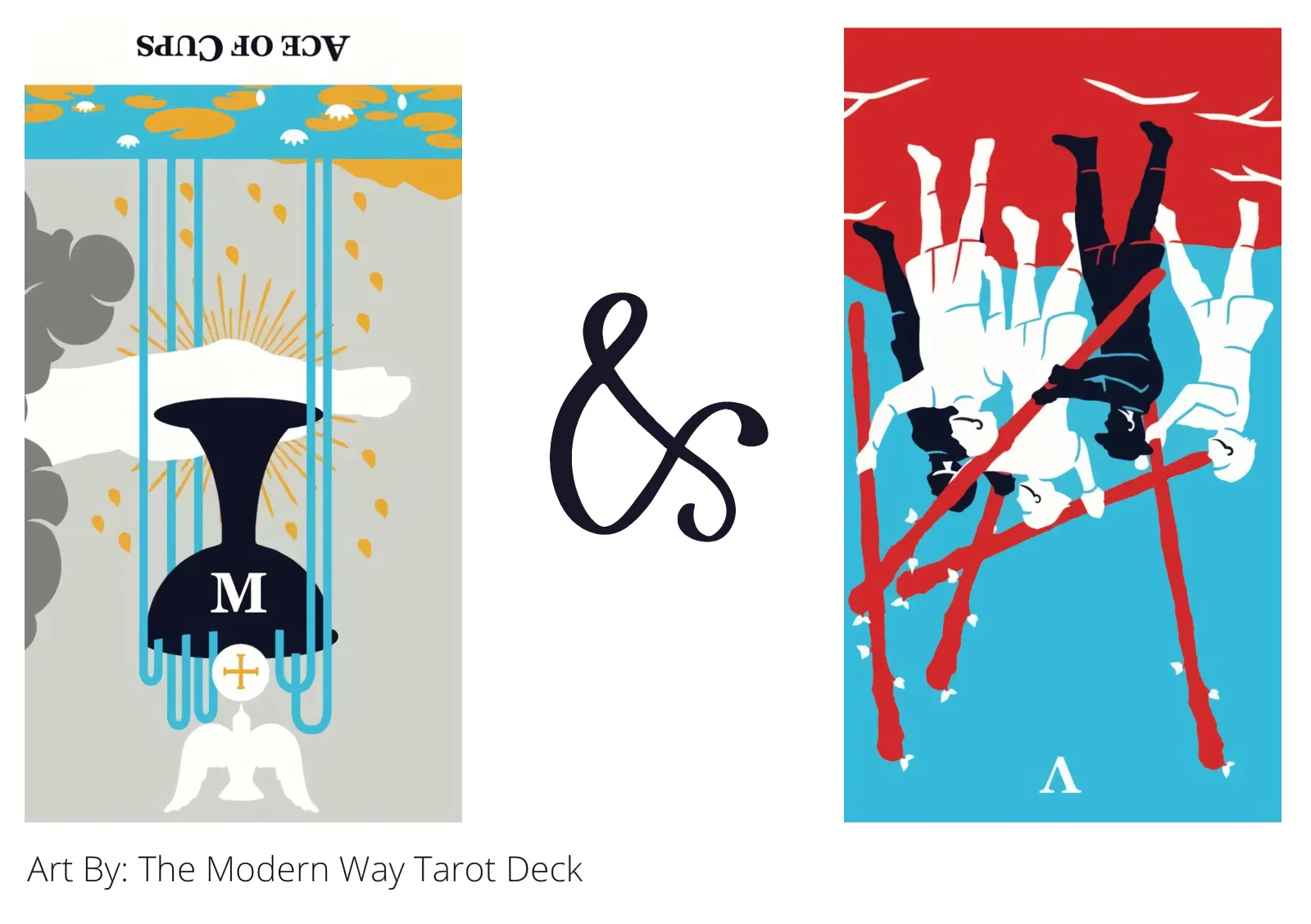 ace of cups reversed and five of wands reversed tarot cards together