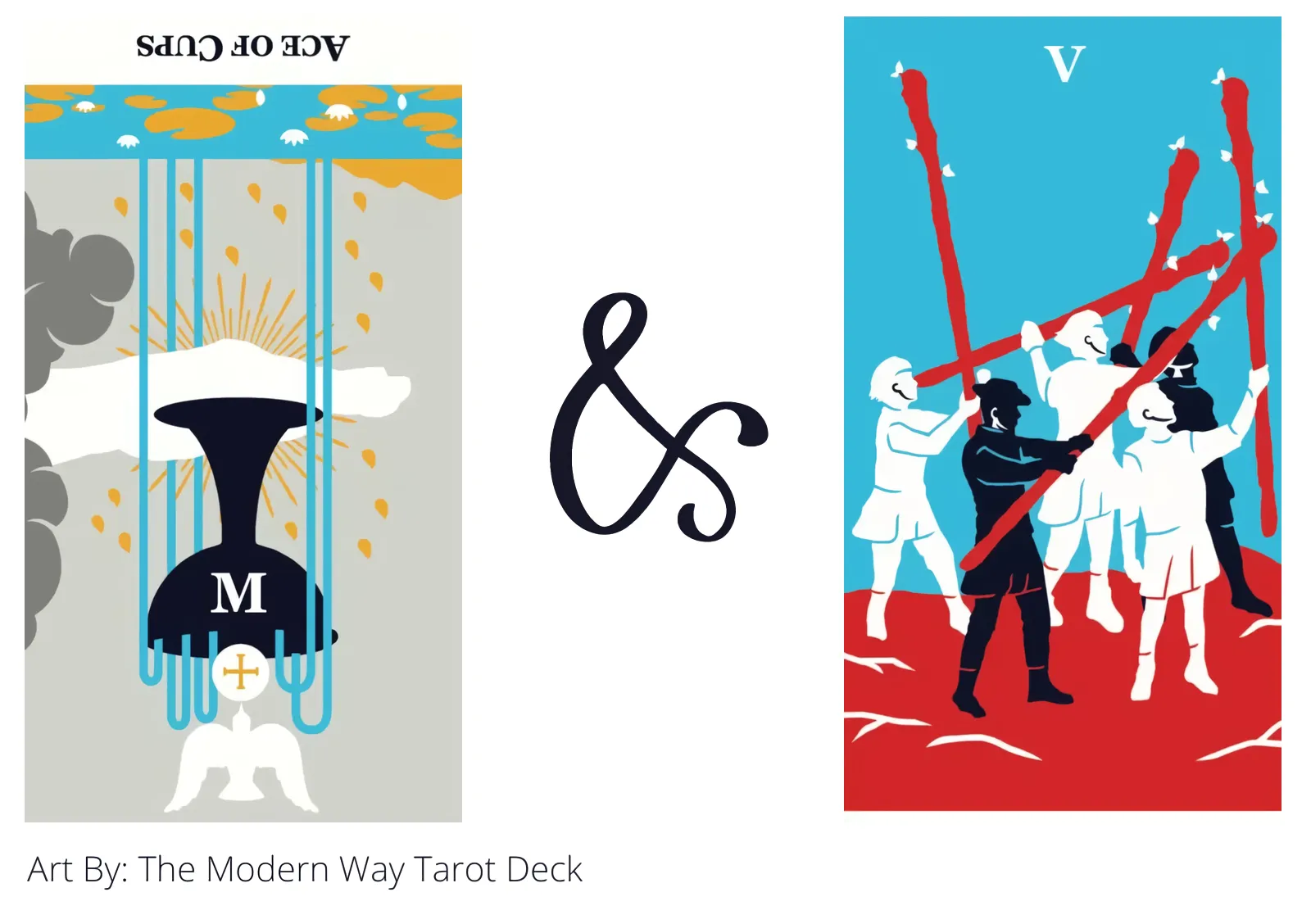 ace of cups reversed and five of wands tarot cards together