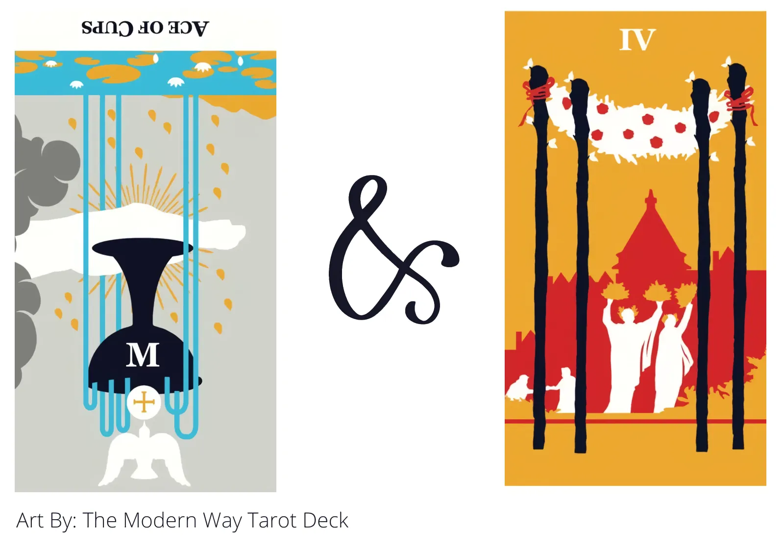 ace of cups reversed and four of wands tarot cards together