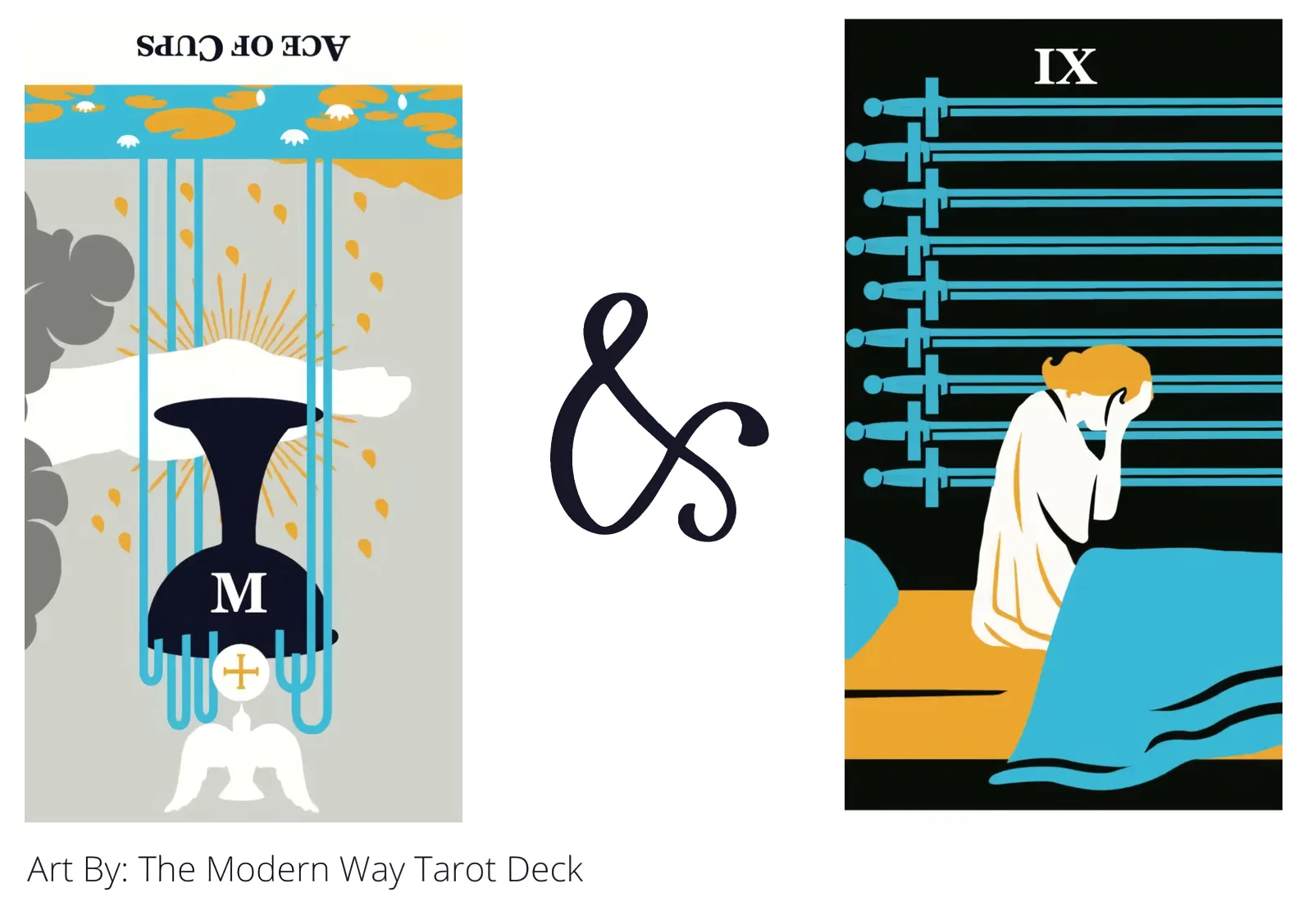 ace of cups reversed and nine of swords tarot cards together