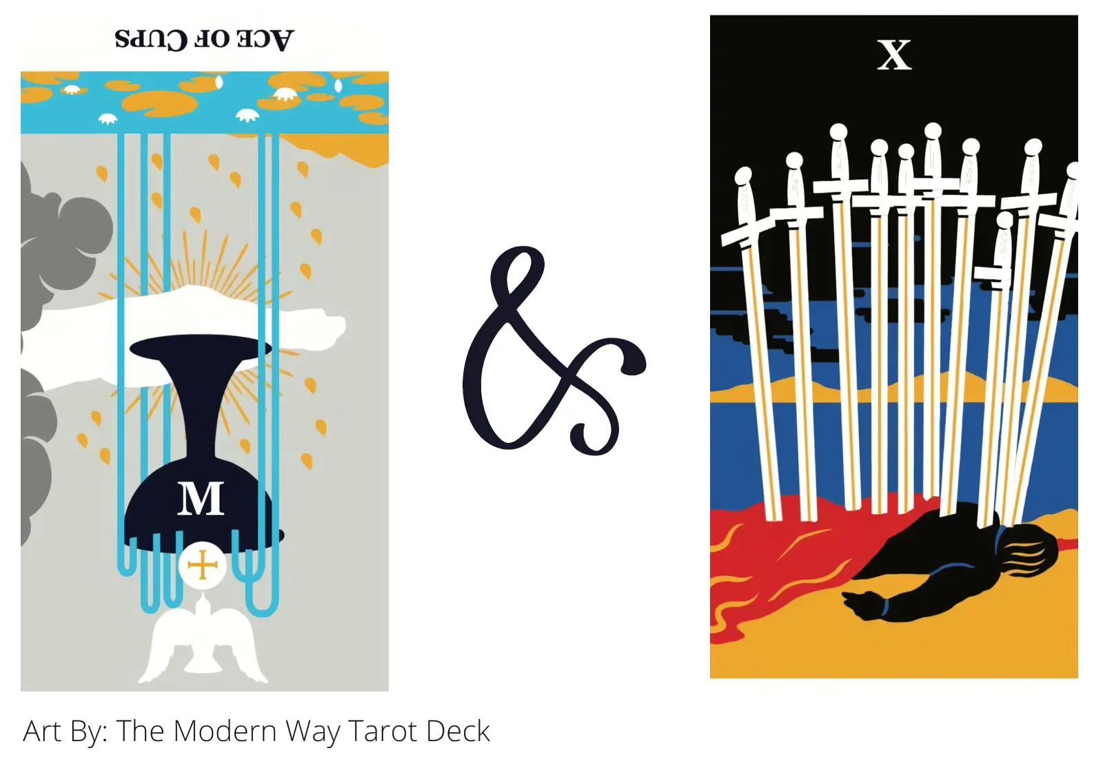 ace of cups reversed and ten of swords tarot cards together