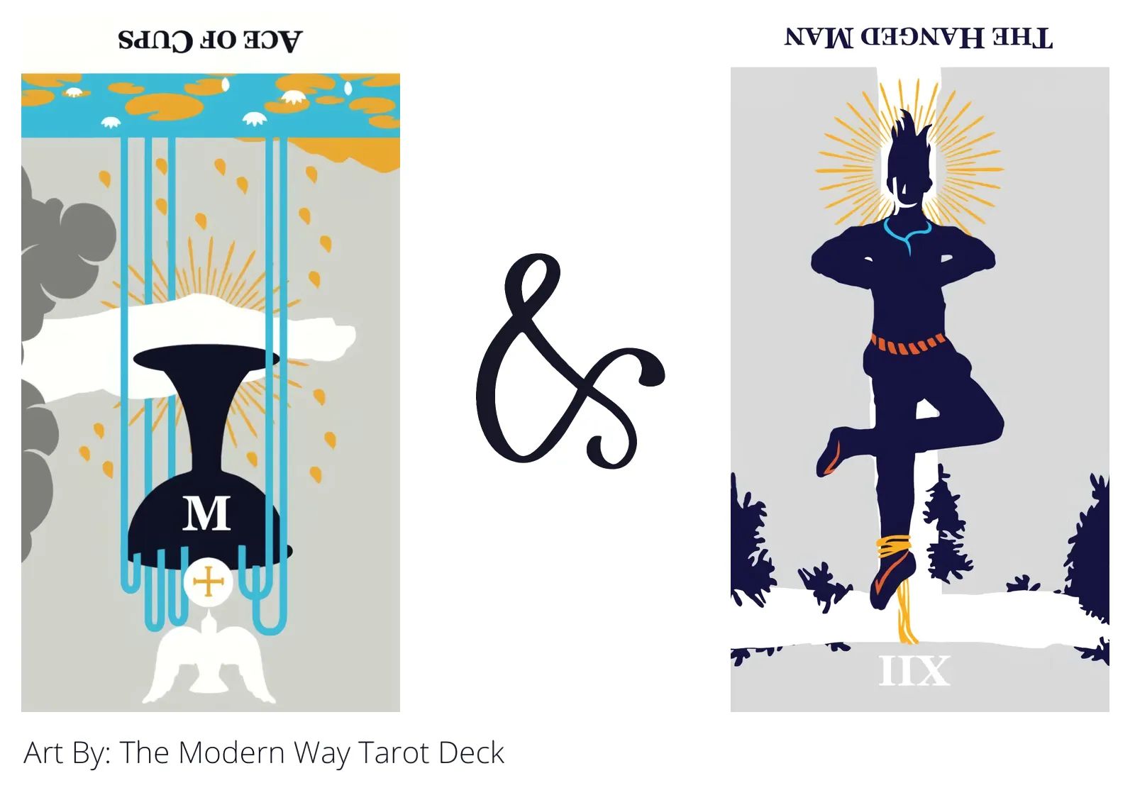 ace of cups reversed and the hanged man reversed tarot cards together