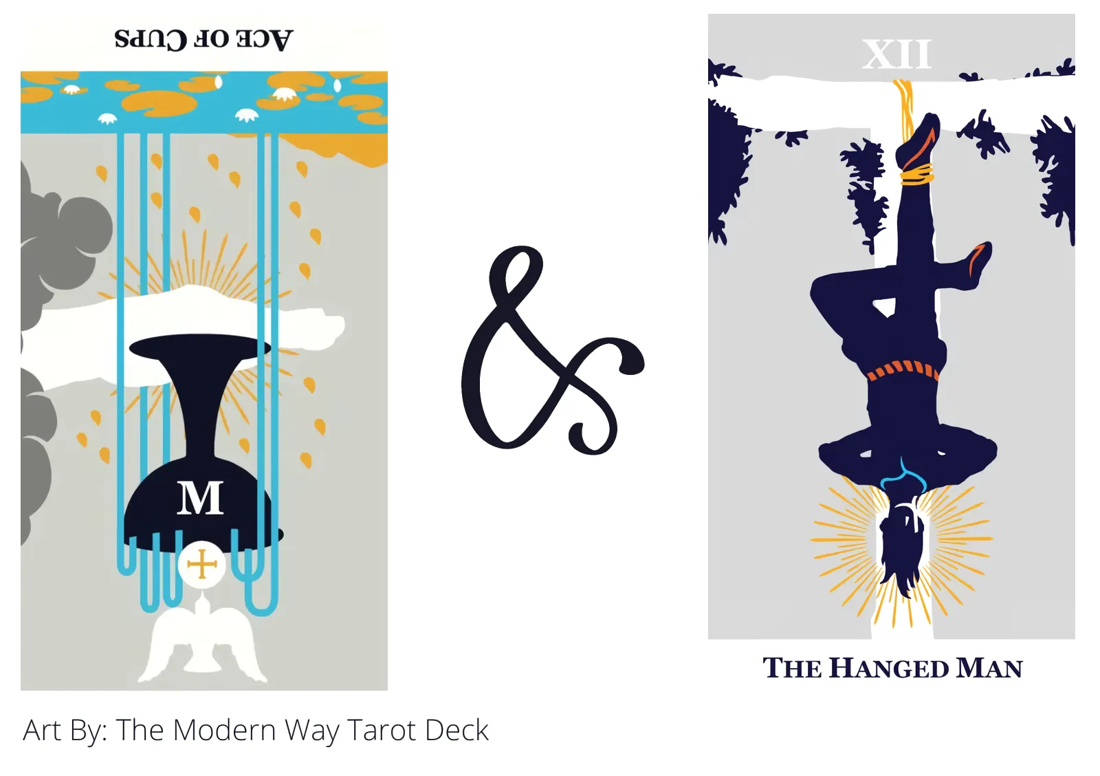 ace of cups reversed and the hanged man tarot cards together