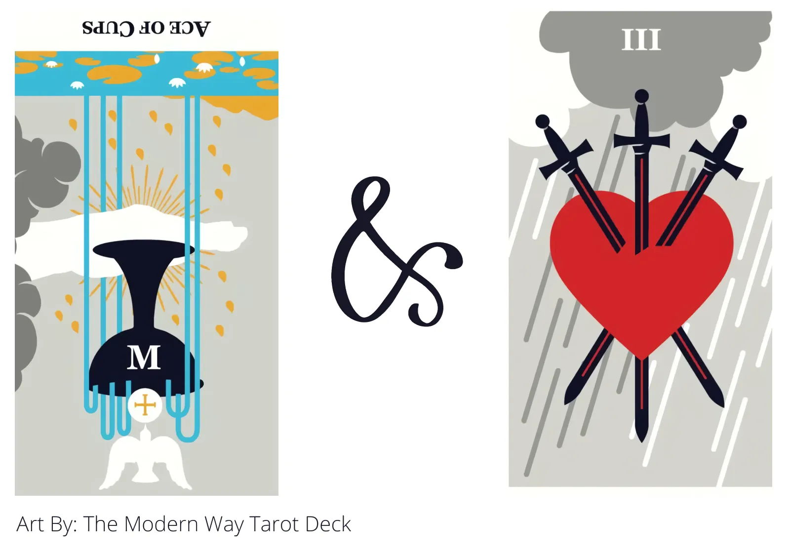 ace of cups reversed and three of swords tarot cards together