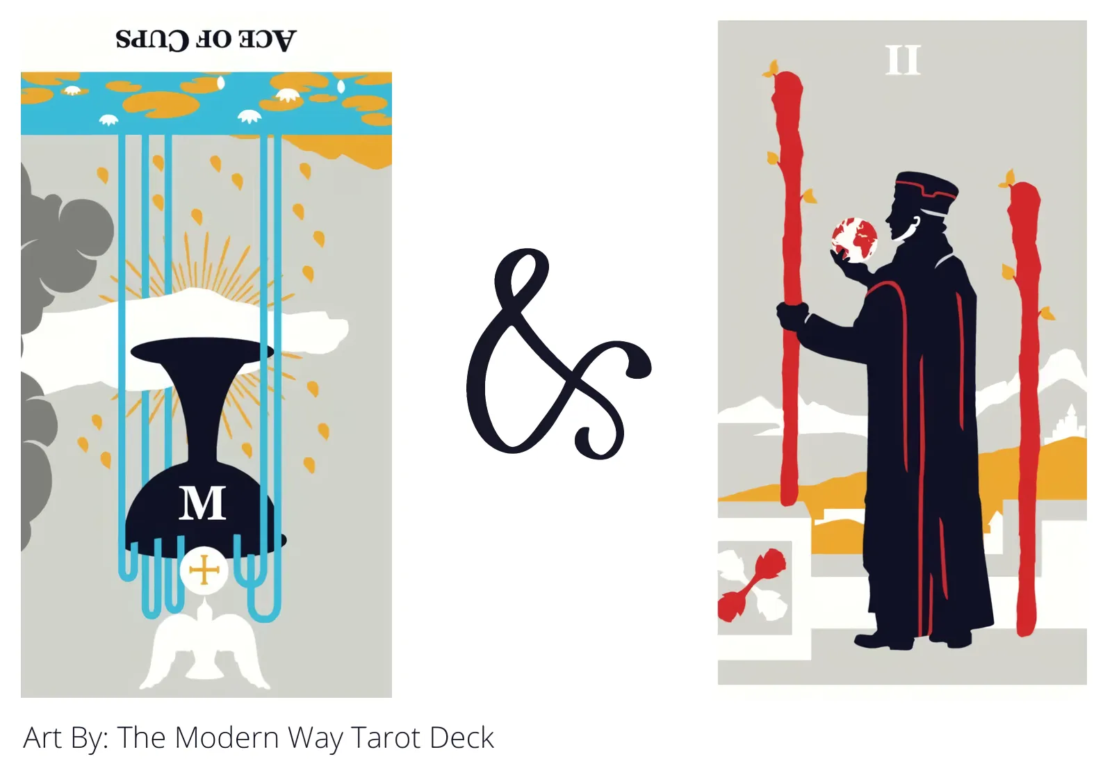 ace of cups reversed and two of wands tarot cards together