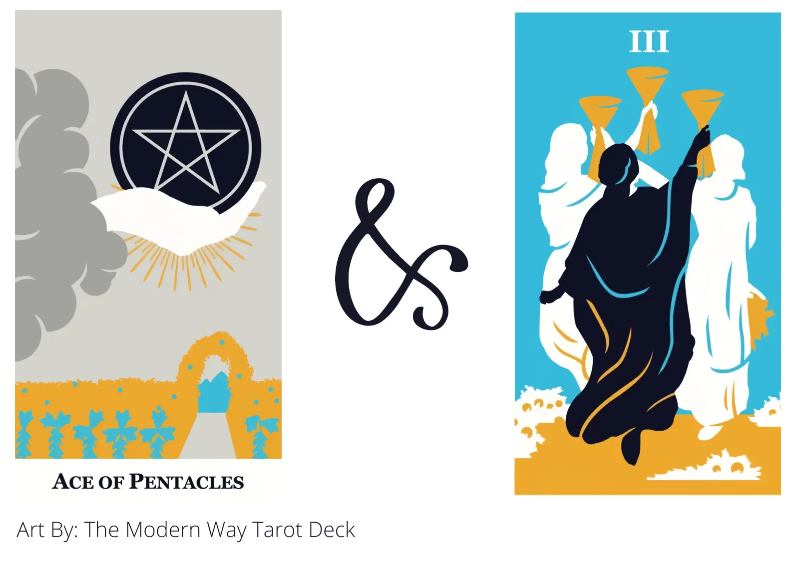 ace of pentacles and three of cups tarot cards together