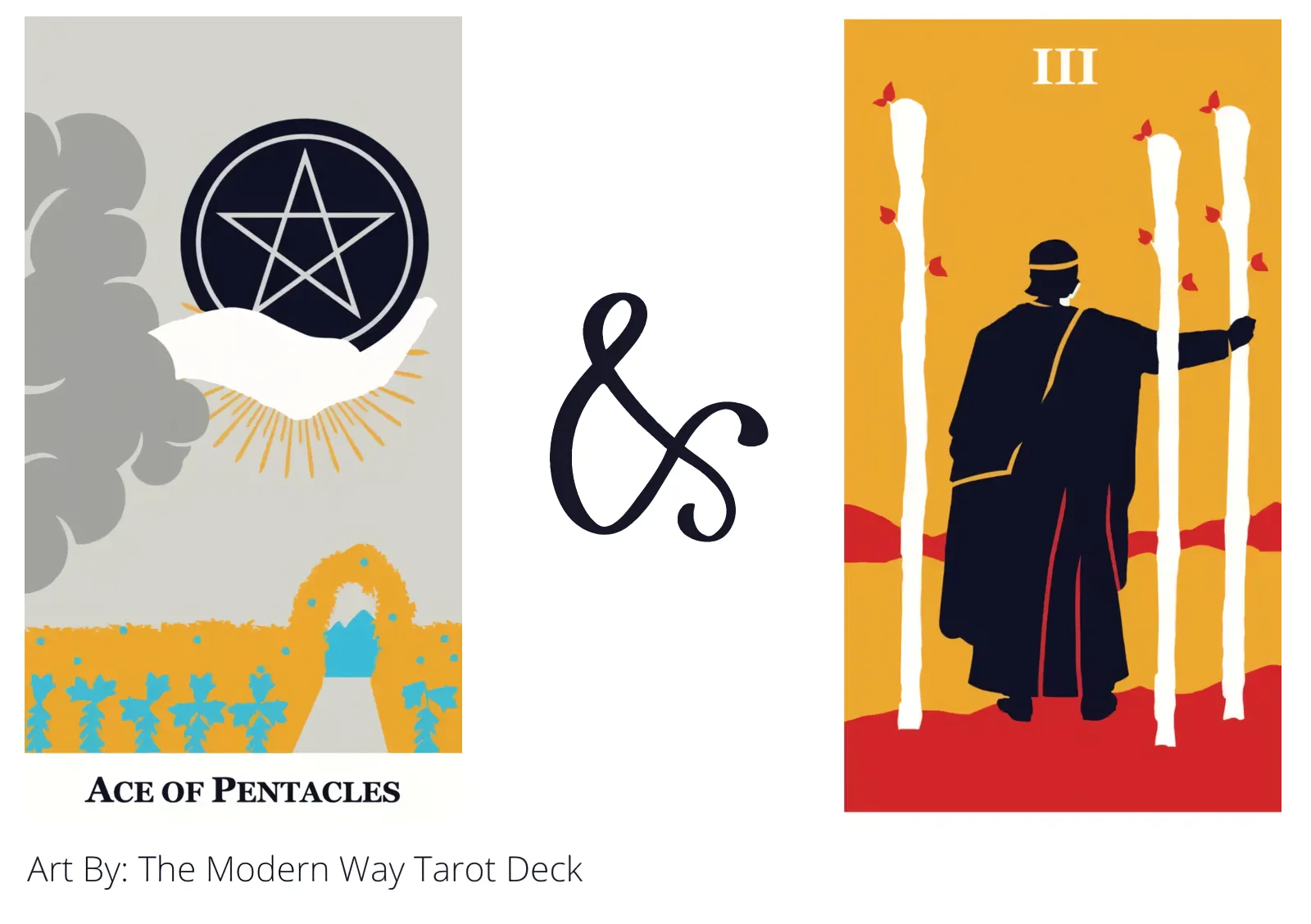 ace of pentacles and three of wands tarot cards together