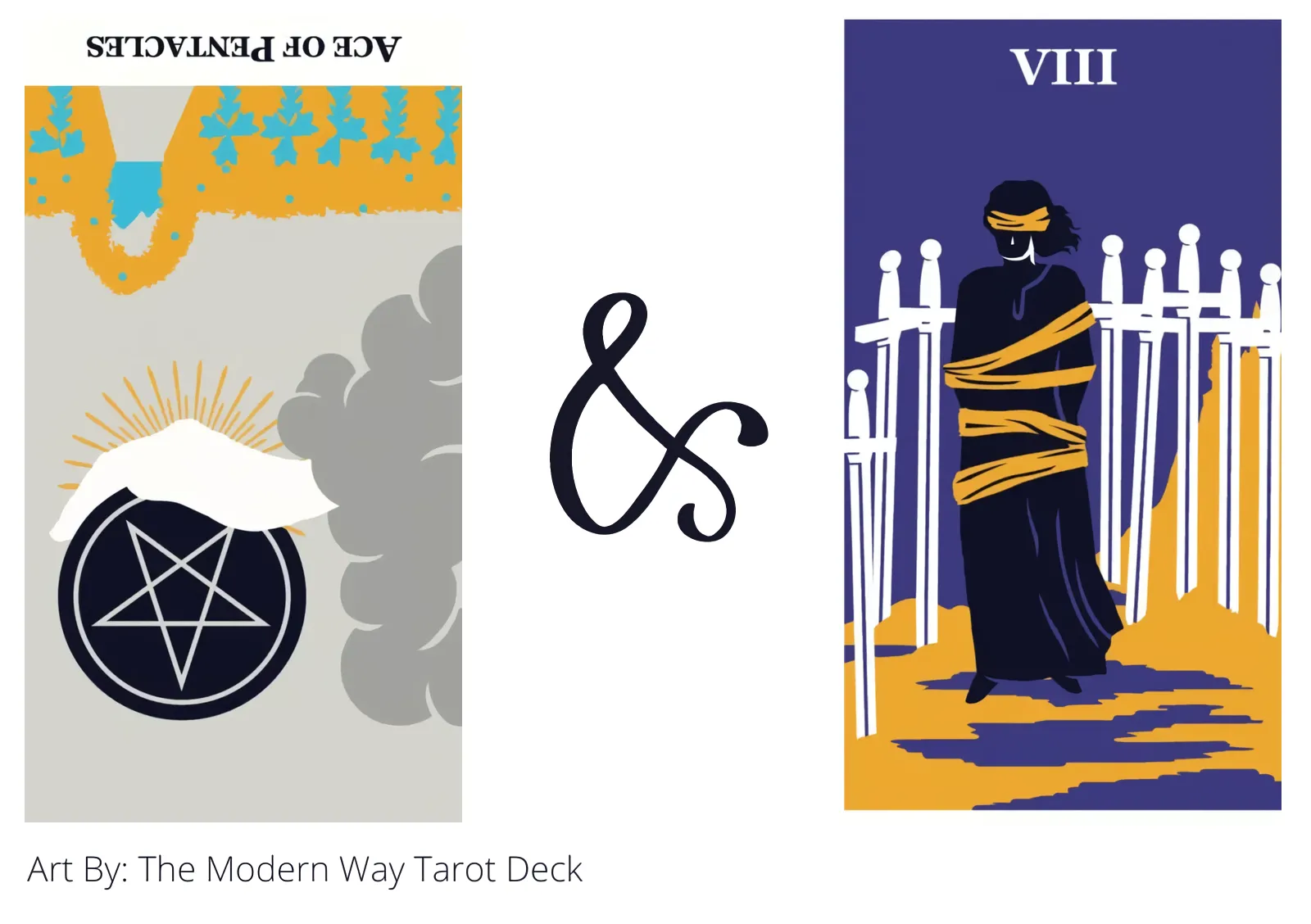 ace of pentacles reversed and eight of swords tarot cards together