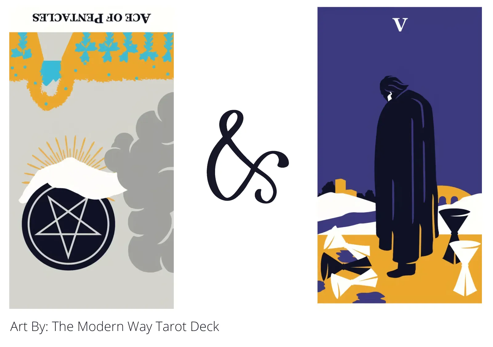 ace of pentacles reversed and five of cups tarot cards together