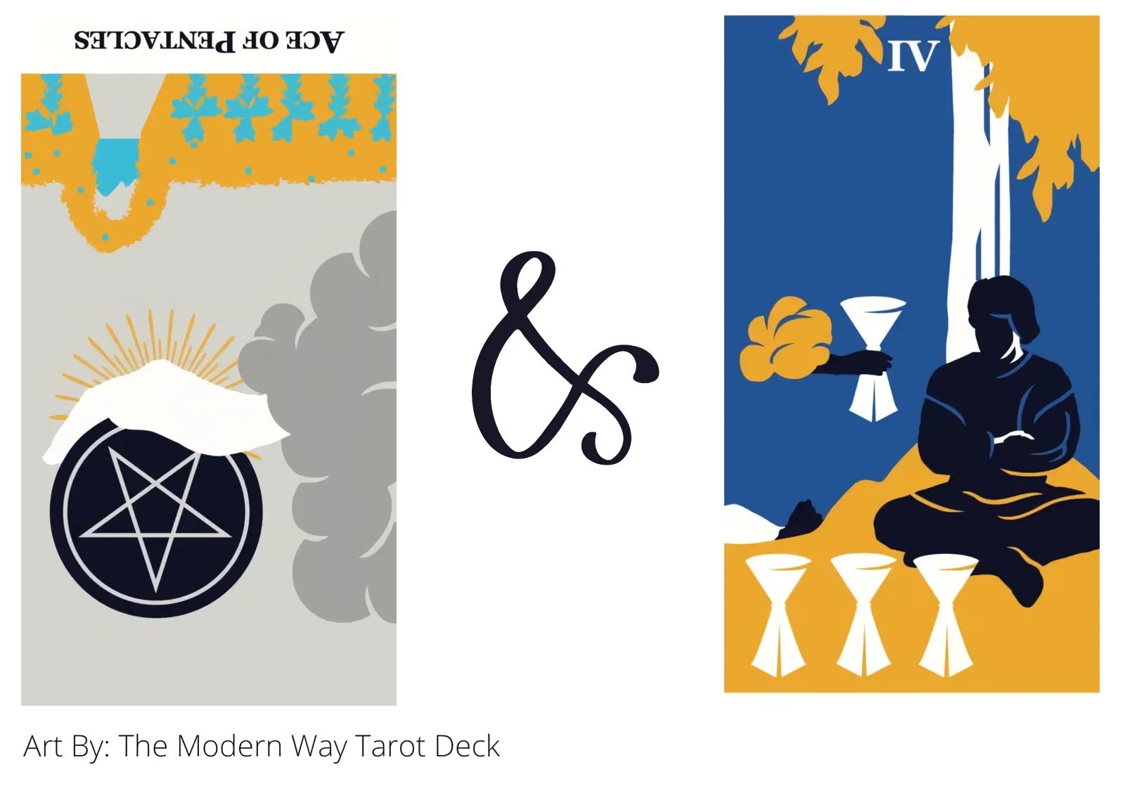 ace of pentacles reversed and four of cups tarot cards together