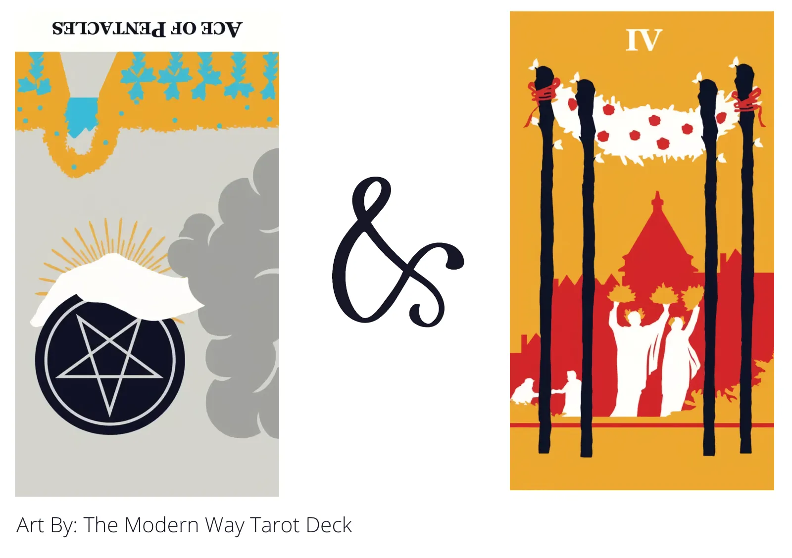 ace of pentacles reversed and four of wands tarot cards together
