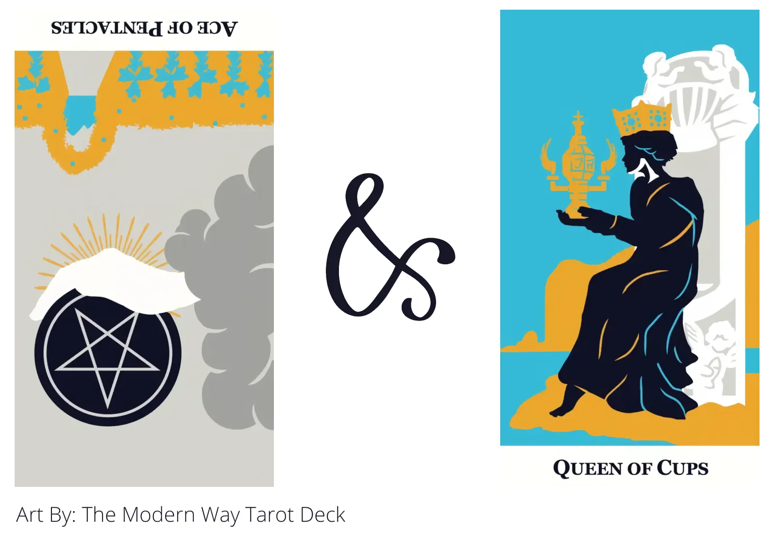 ace of pentacles reversed and queen of cups tarot cards together