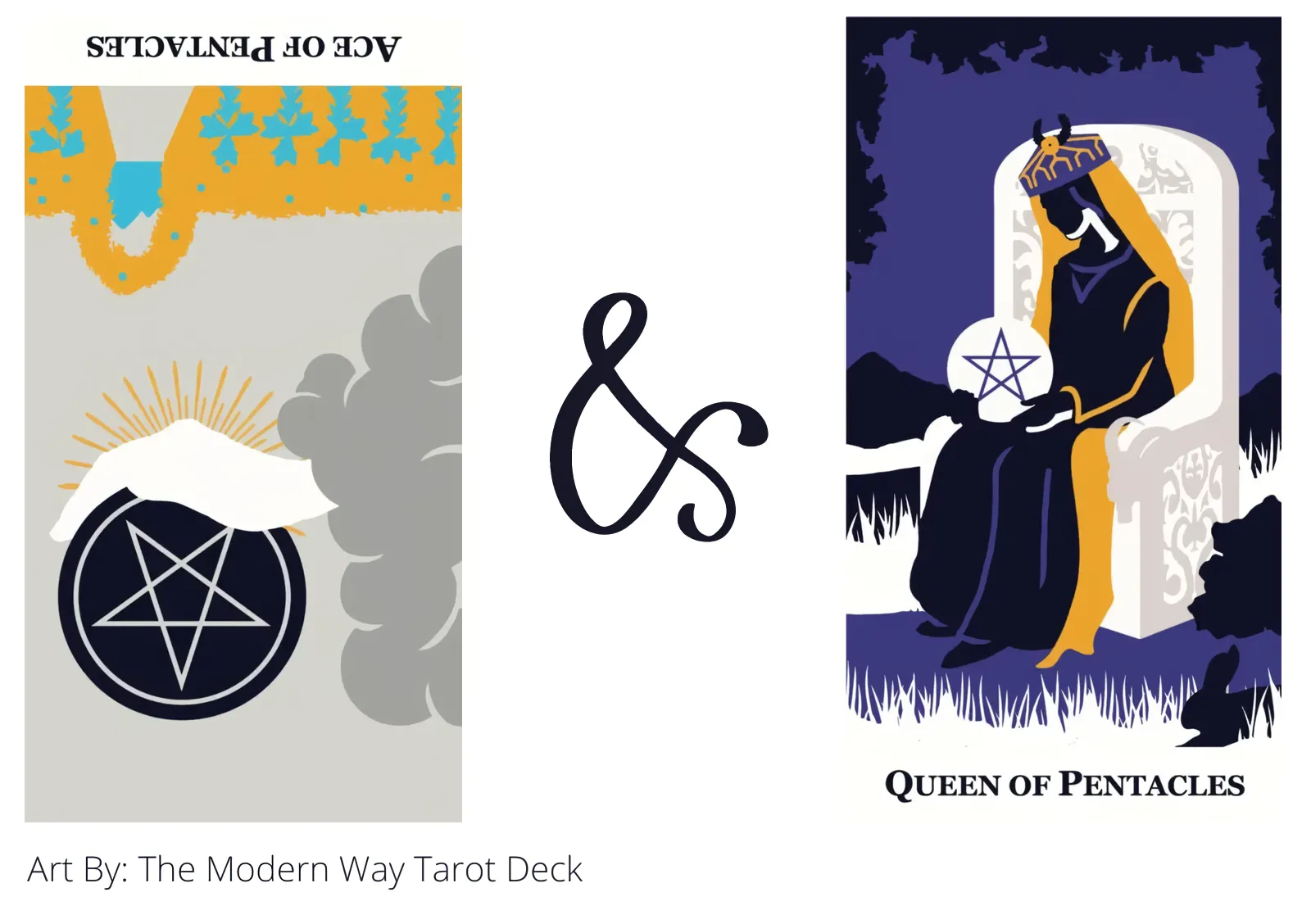 ace of pentacles reversed and queen of pentacles tarot cards together
