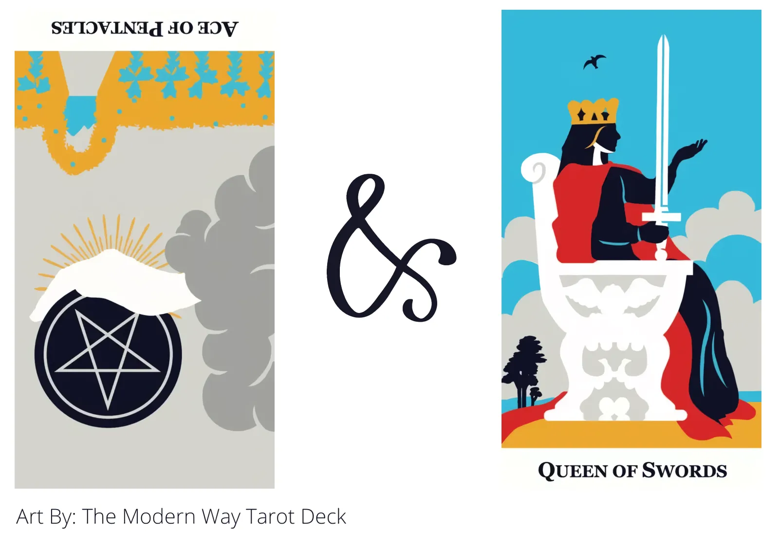 ace of pentacles reversed and queen of swords tarot cards together