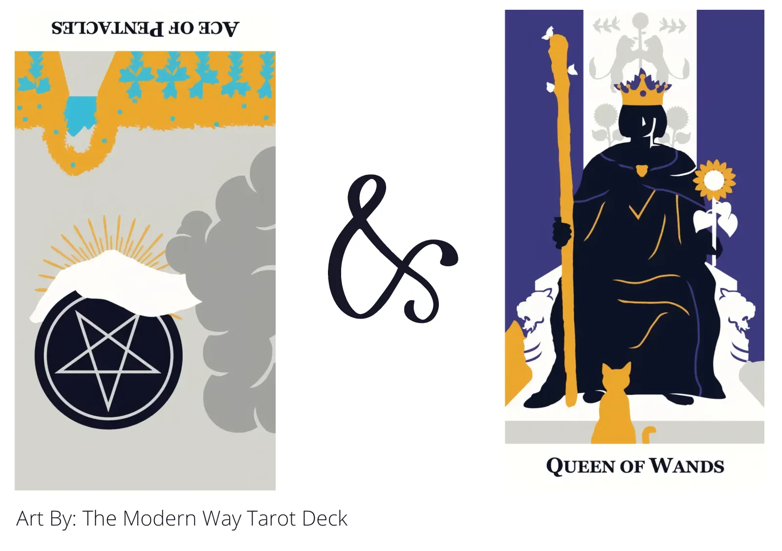 ace of pentacles reversed and queen of wands tarot cards together