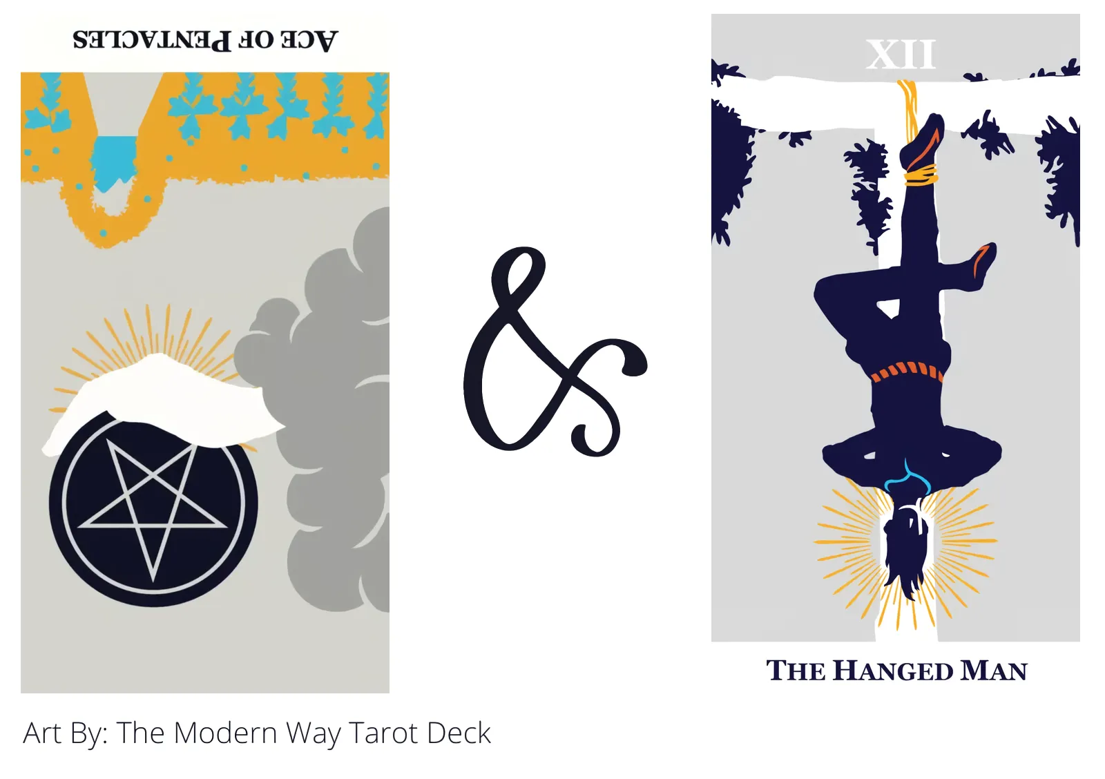 ace of pentacles reversed and the hanged man tarot cards together