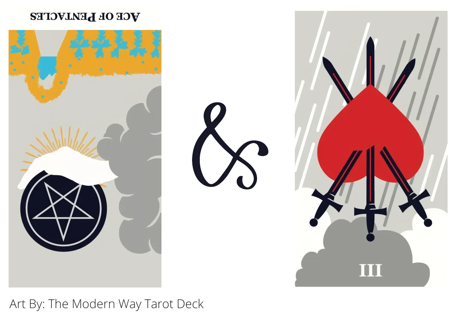 ace of pentacles reversed and three of swords reversed tarot cards together