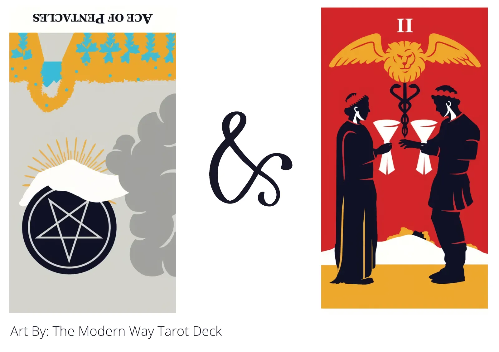 ace of pentacles reversed and two of cups tarot cards together