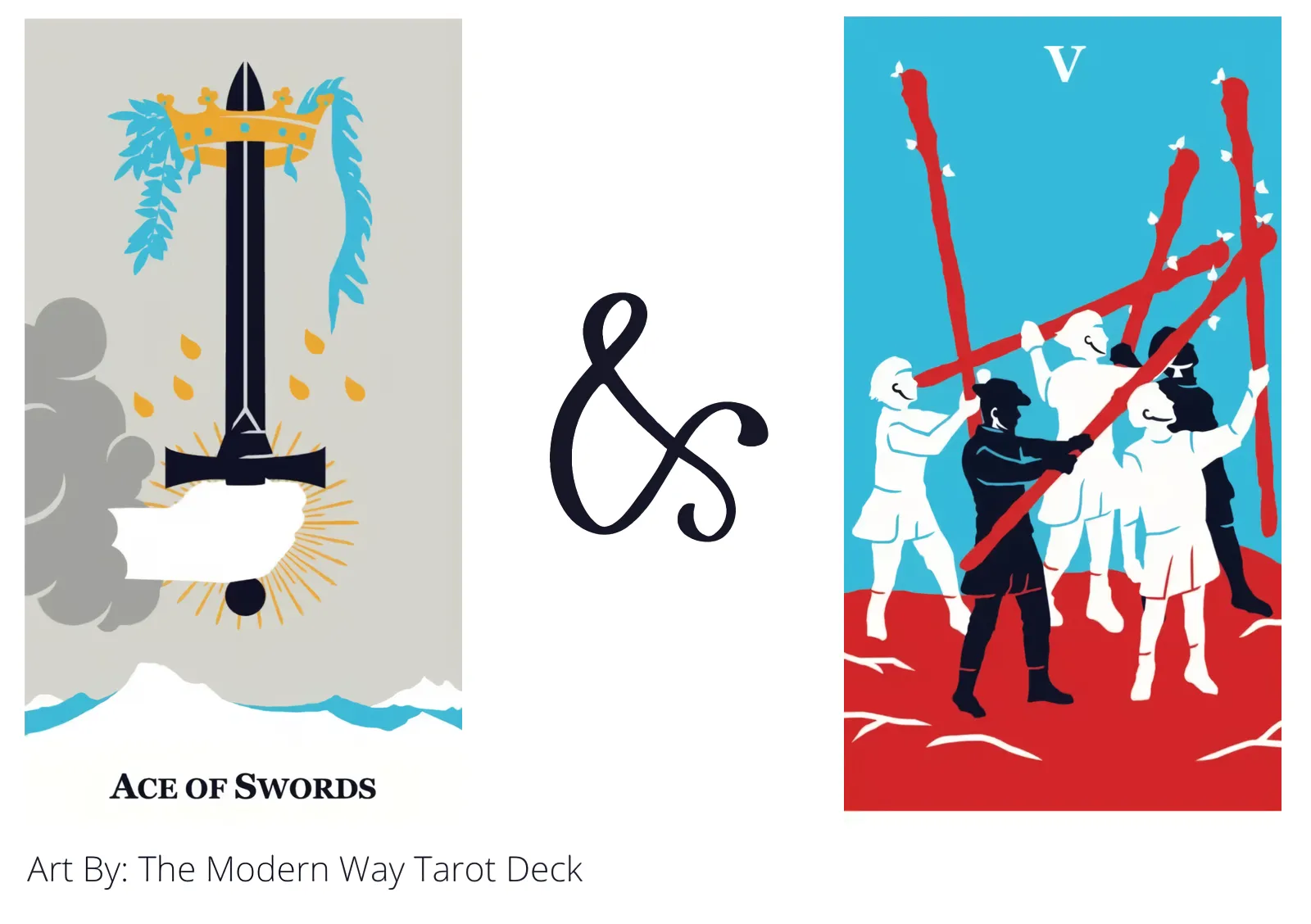 ace of swords and five of wands tarot cards together