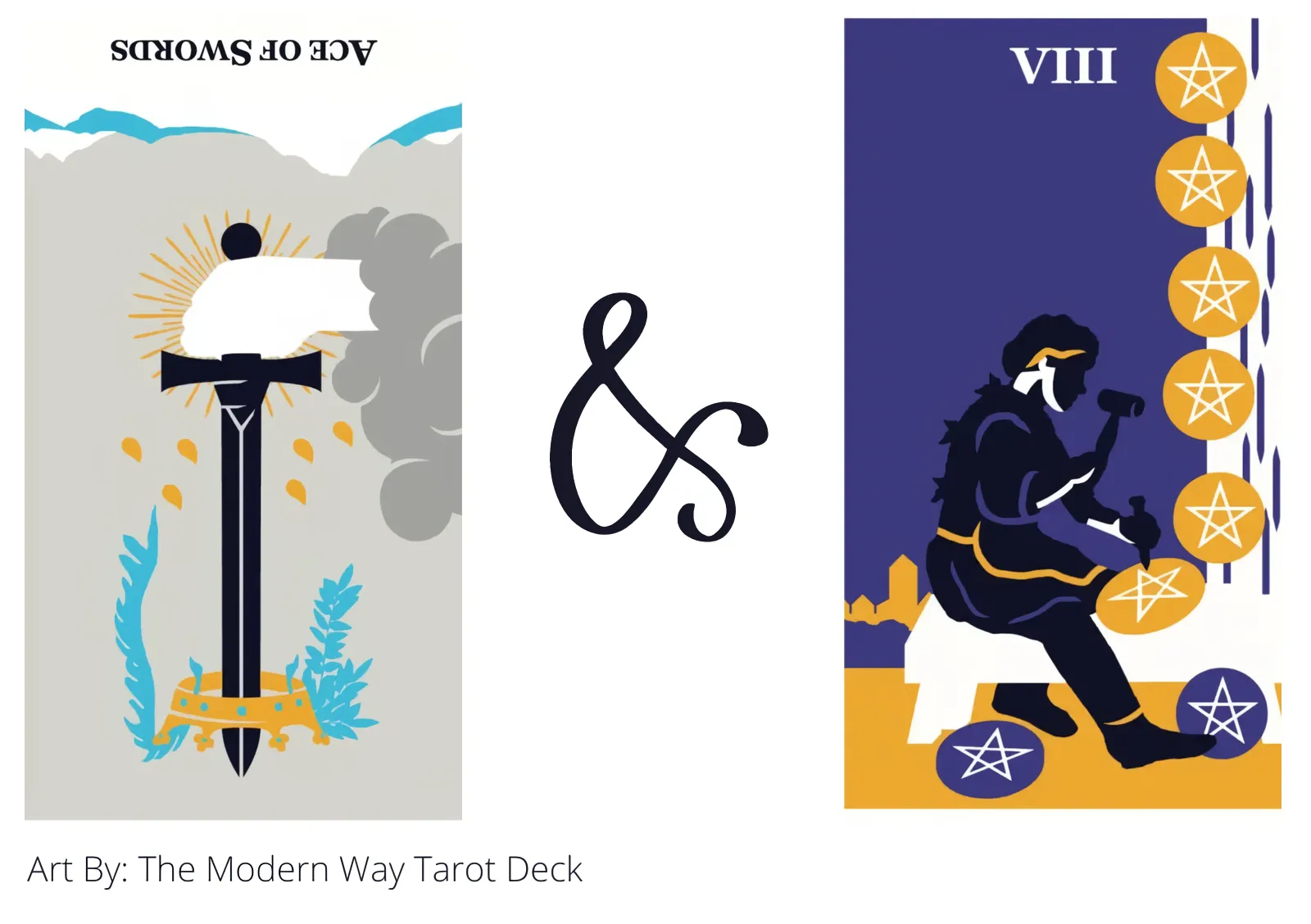 ace of swords reversed and eight of pentacles tarot cards together