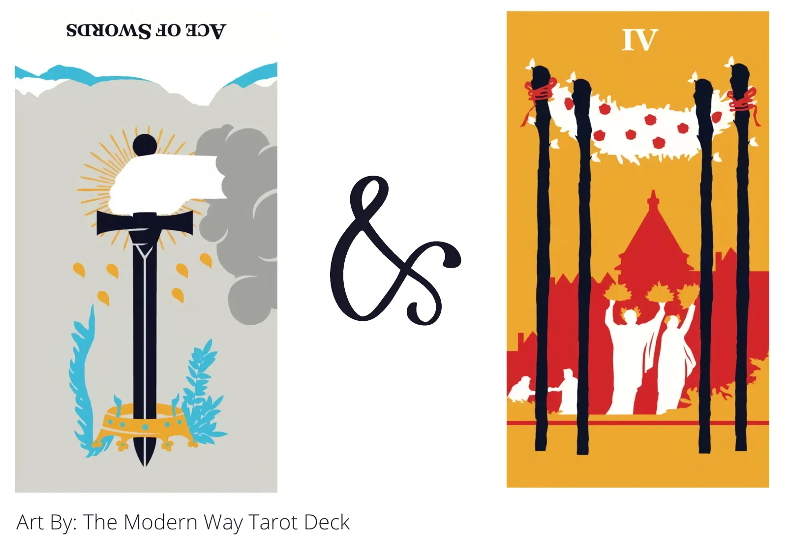 ace of swords reversed and four of wands tarot cards together