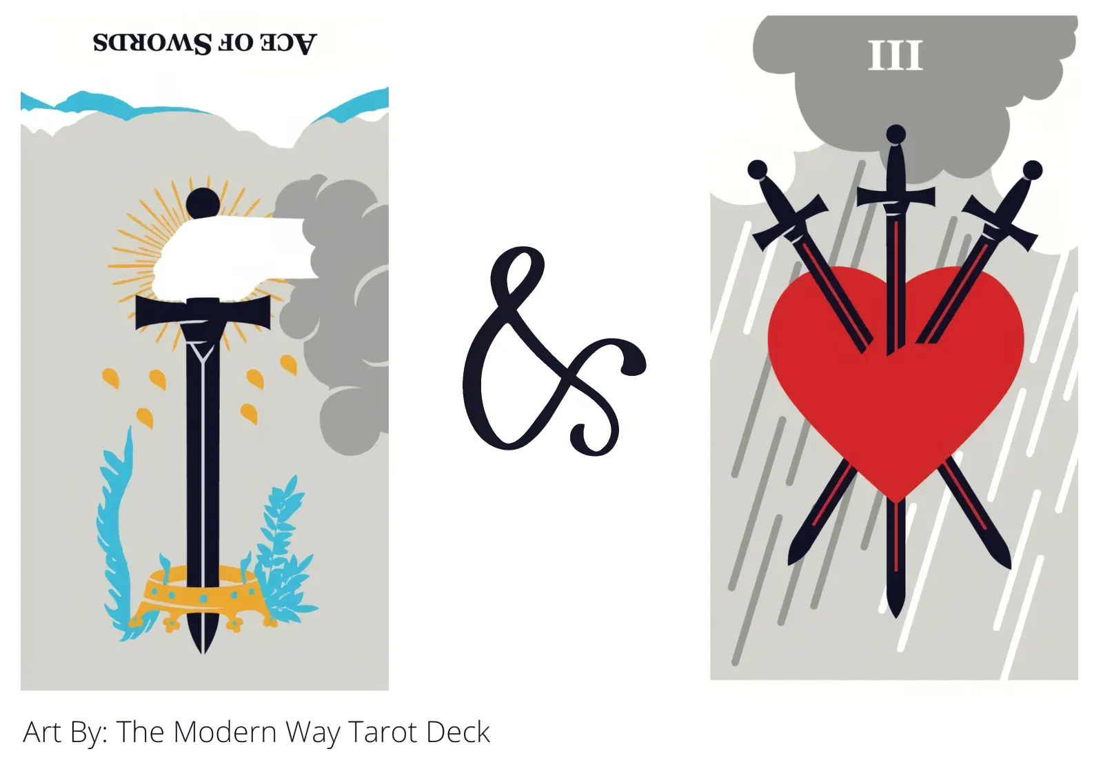 ace of swords reversed and three of swords tarot cards together