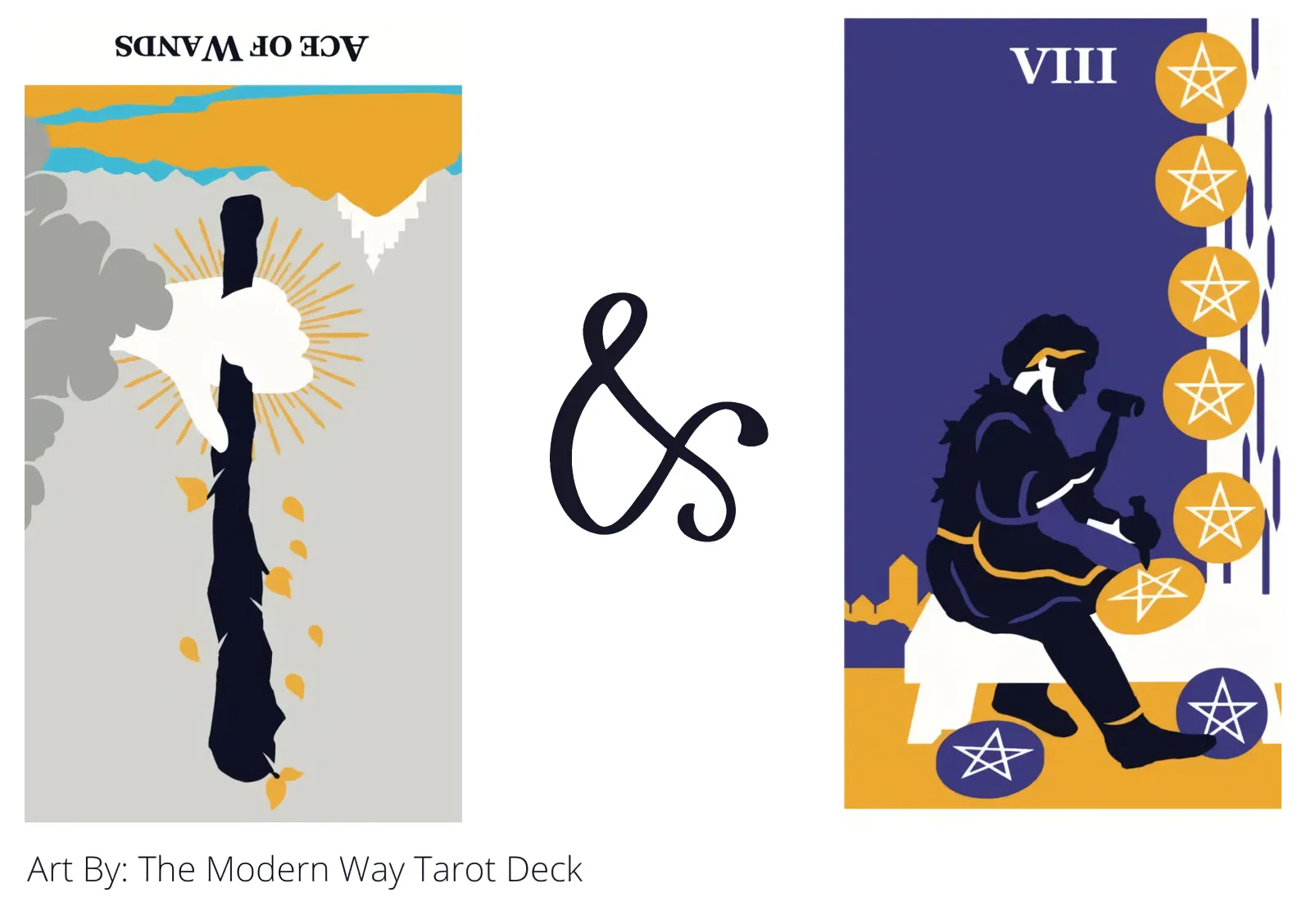ace of wands reversed and eight of pentacles tarot cards together