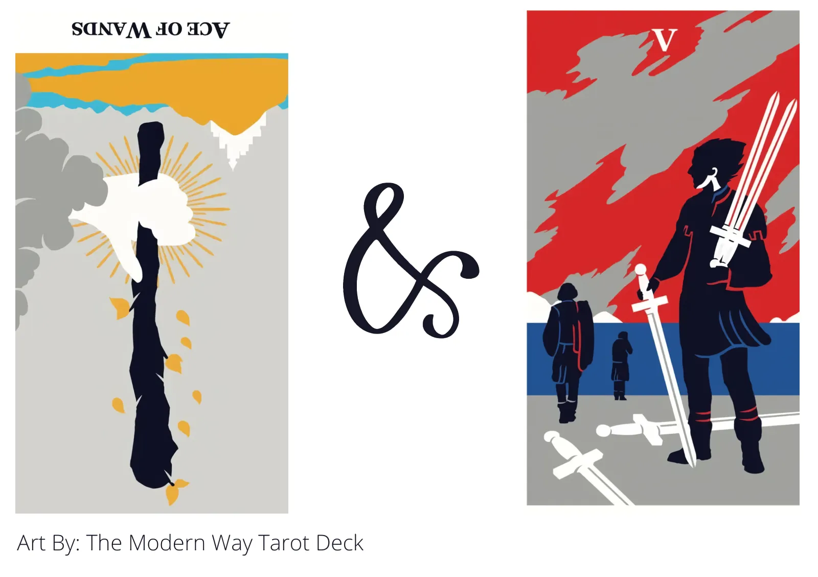 ace of wands reversed and five of swords tarot cards together
