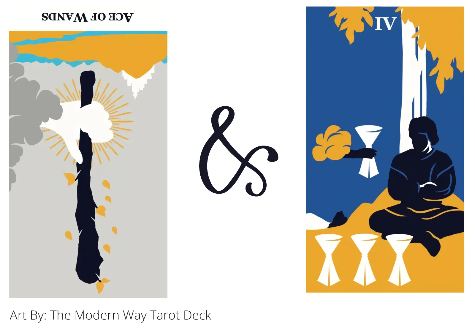 ace of wands reversed and four of cups tarot cards together