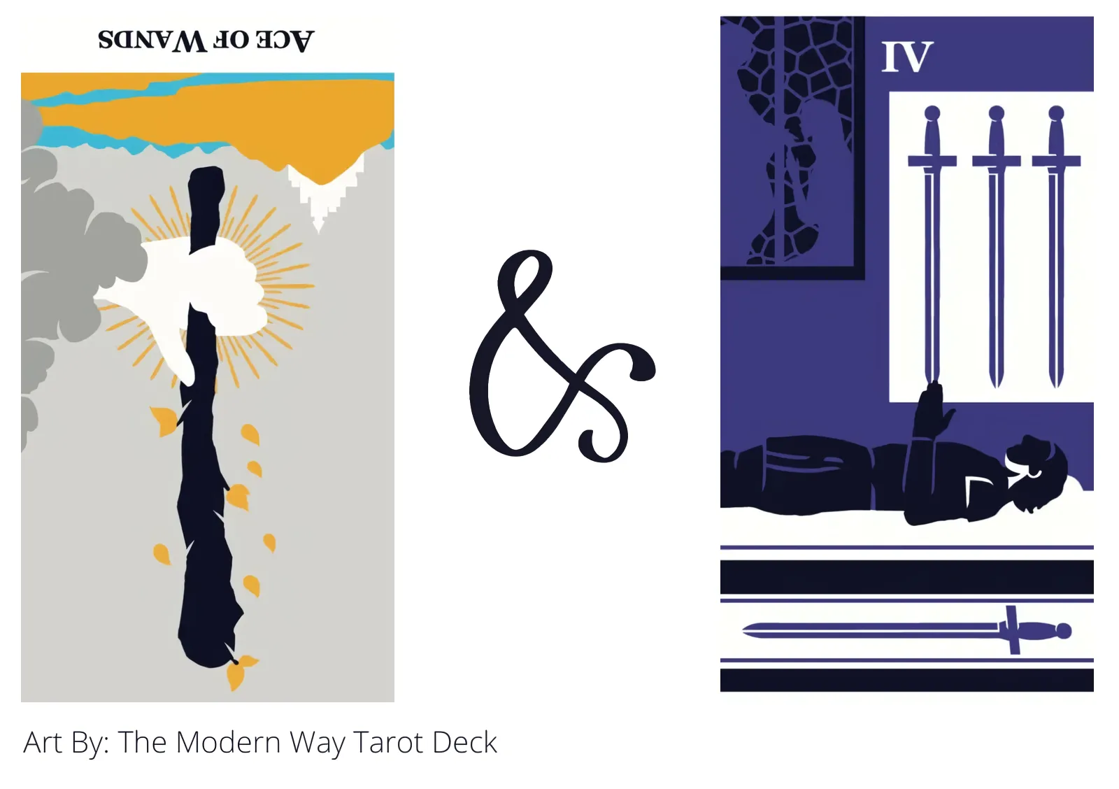 ace of wands reversed and four of swords tarot cards together