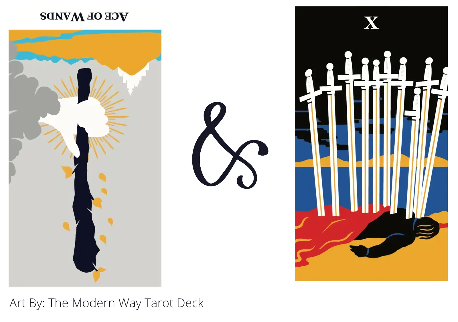 ace of wands reversed and ten of swords tarot cards together