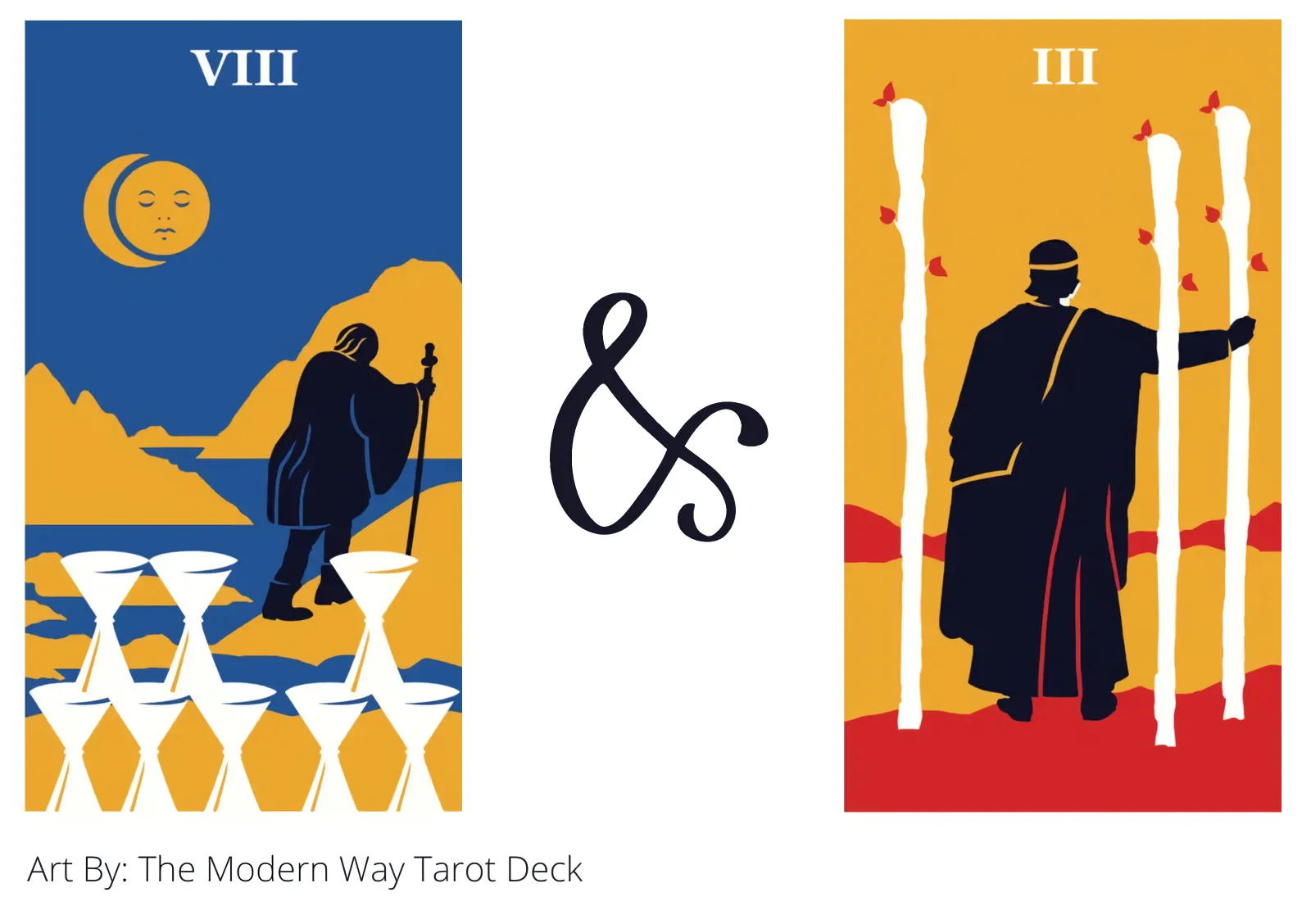 eight of cups and three of wands tarot cards together