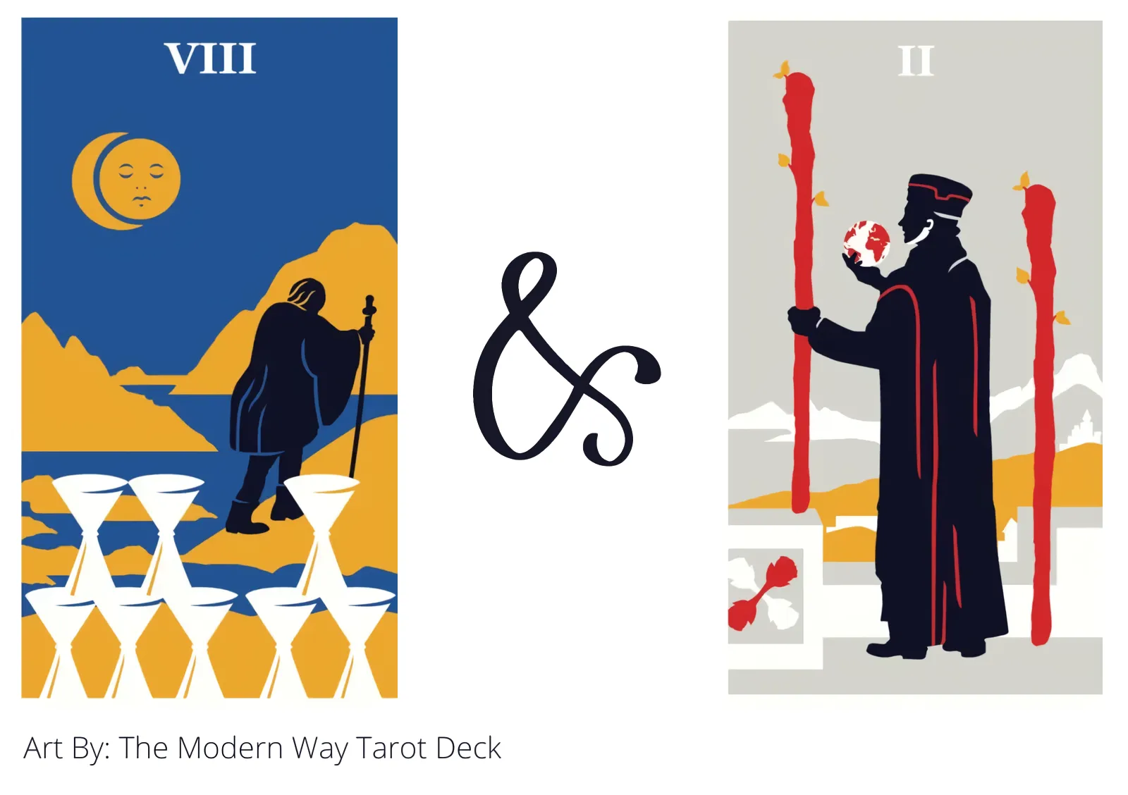 eight of cups and two of wands tarot cards together