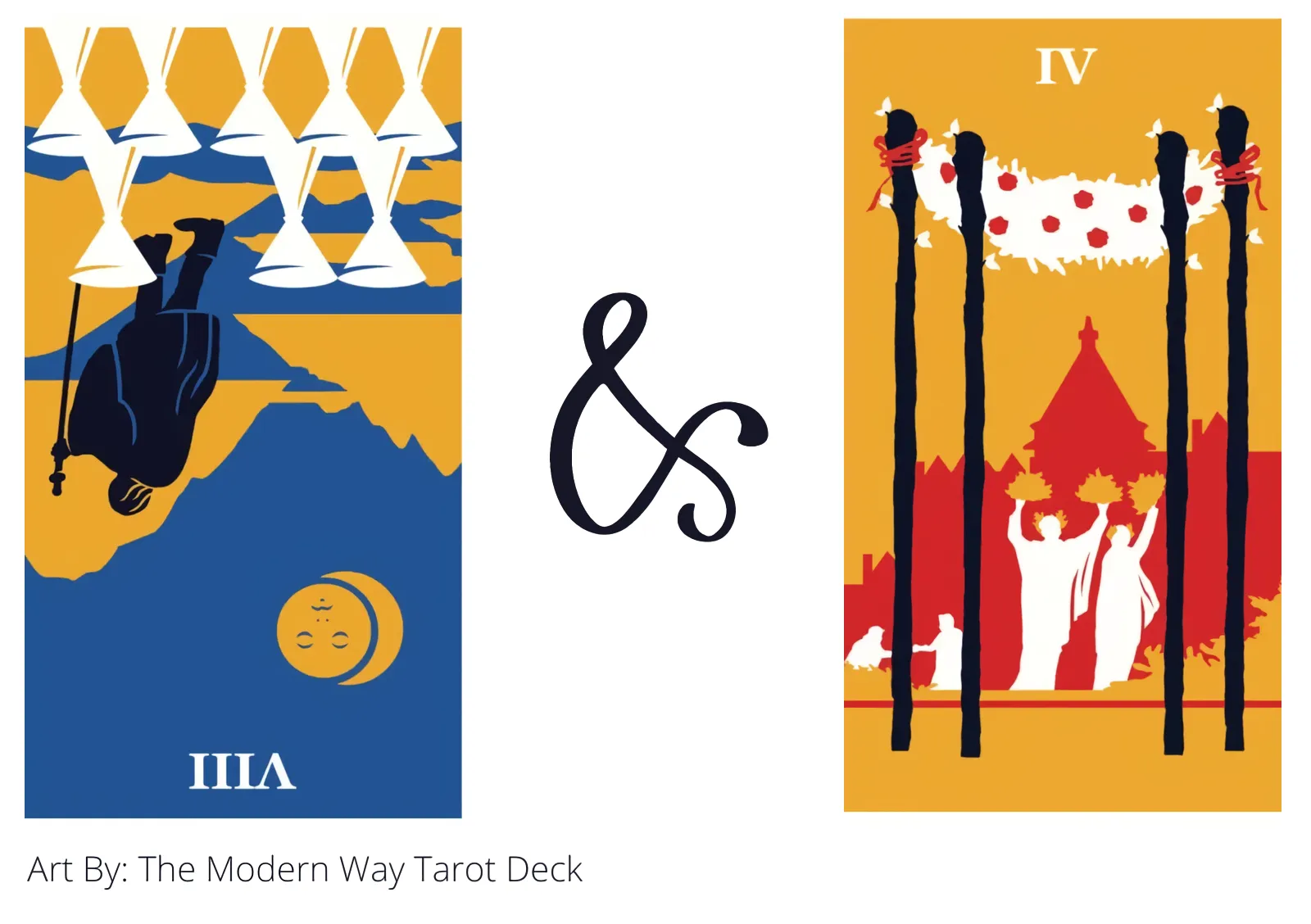 eight of cups reversed and four of wands tarot cards together