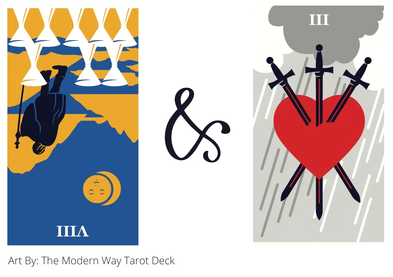 eight of cups reversed and three of swords tarot cards together
