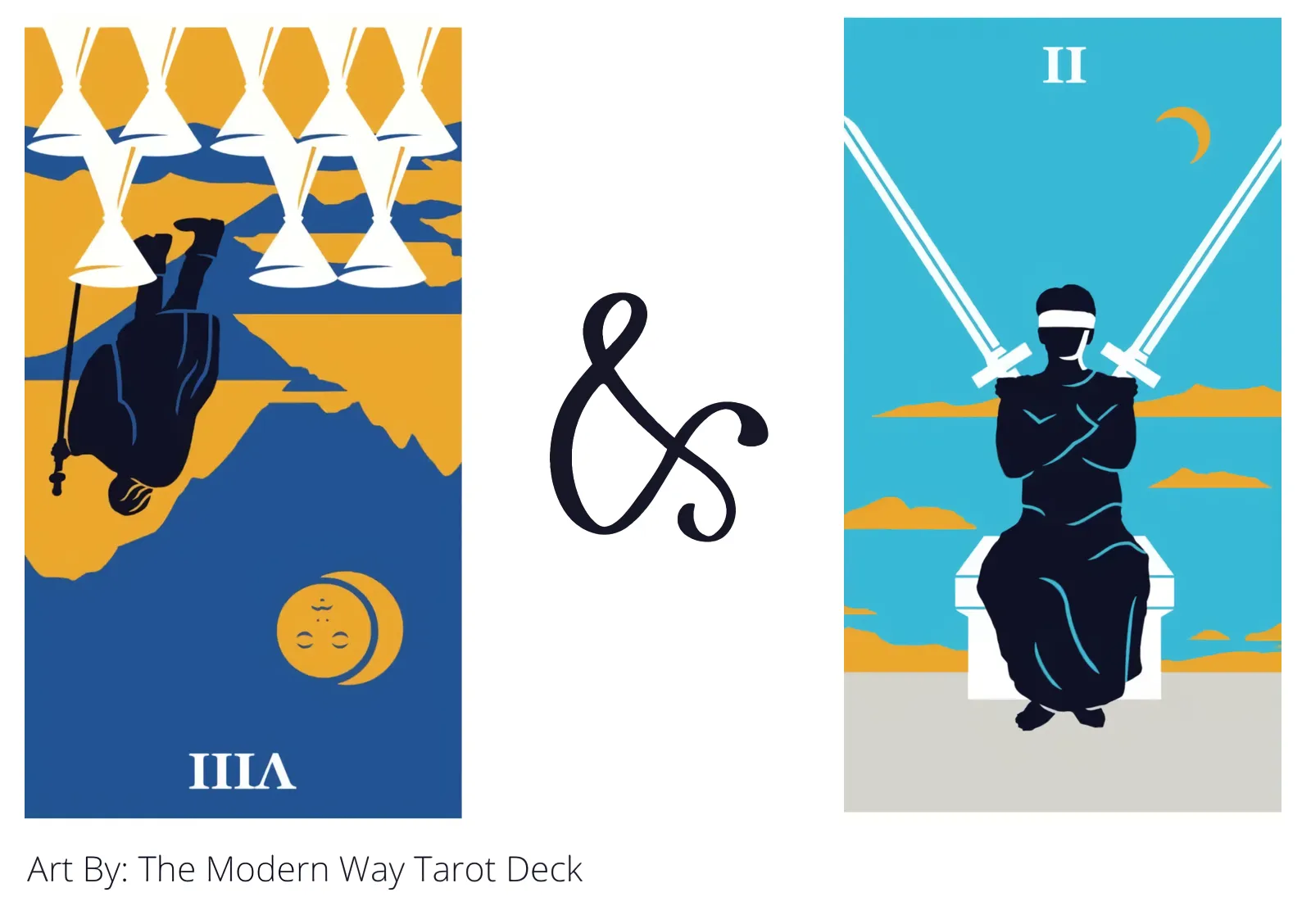 eight of cups reversed and two of swords tarot cards together