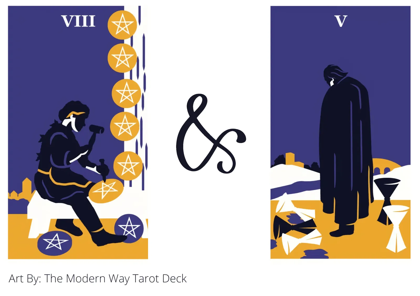eight of pentacles and five of cups tarot cards together